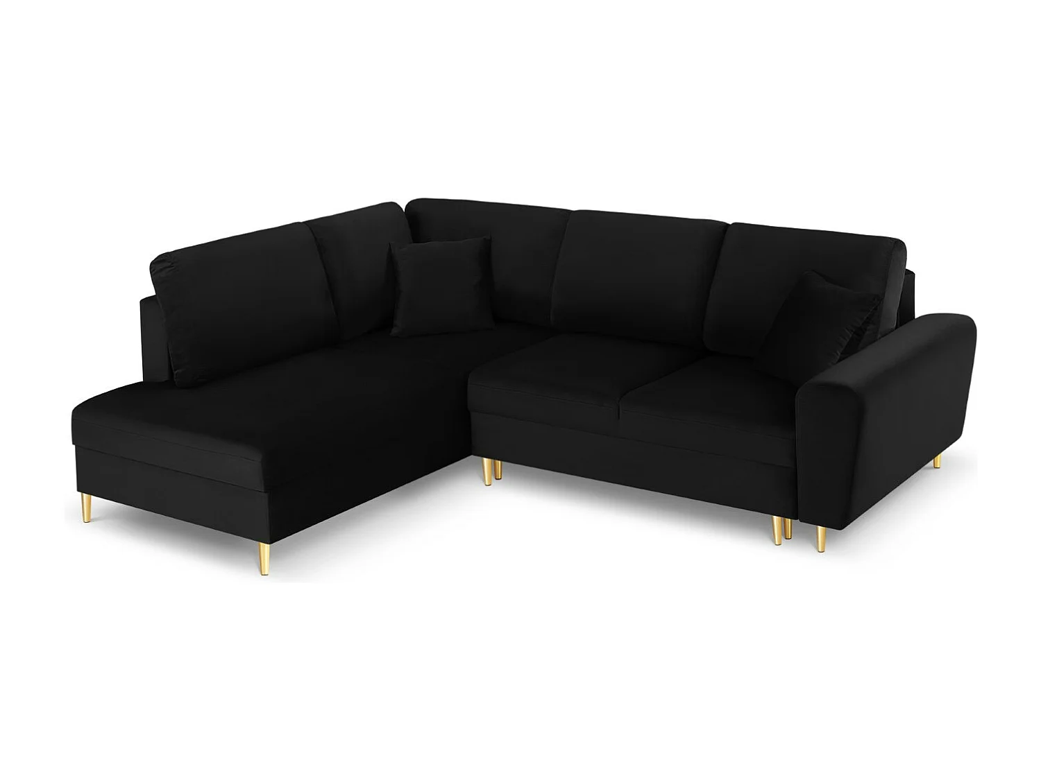 Cosmopolitan Design - 5-Sitzer ausklappbares Ecksofa links mit Container "Kyoto" aus Samt schwarz - 243x194x88cm