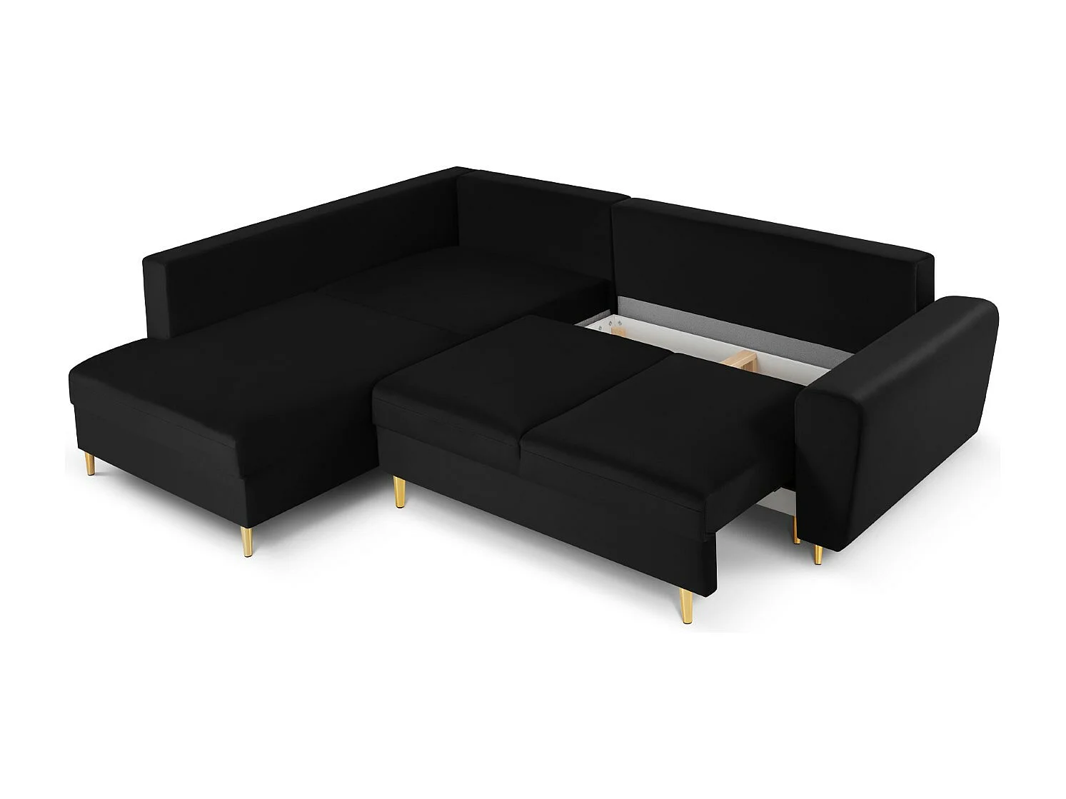 Cosmopolitan Design - 5-Sitzer ausklappbares Ecksofa links mit Container "Kyoto" aus Samt schwarz - 243x194x88cm