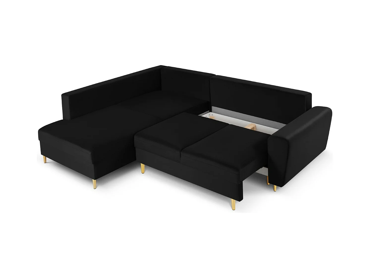 Cosmopolitan Design - Canapé d'angle gauche convertible avec coffre de rangement "Kyoto" 5 places en velours noir - 243x194x88cm