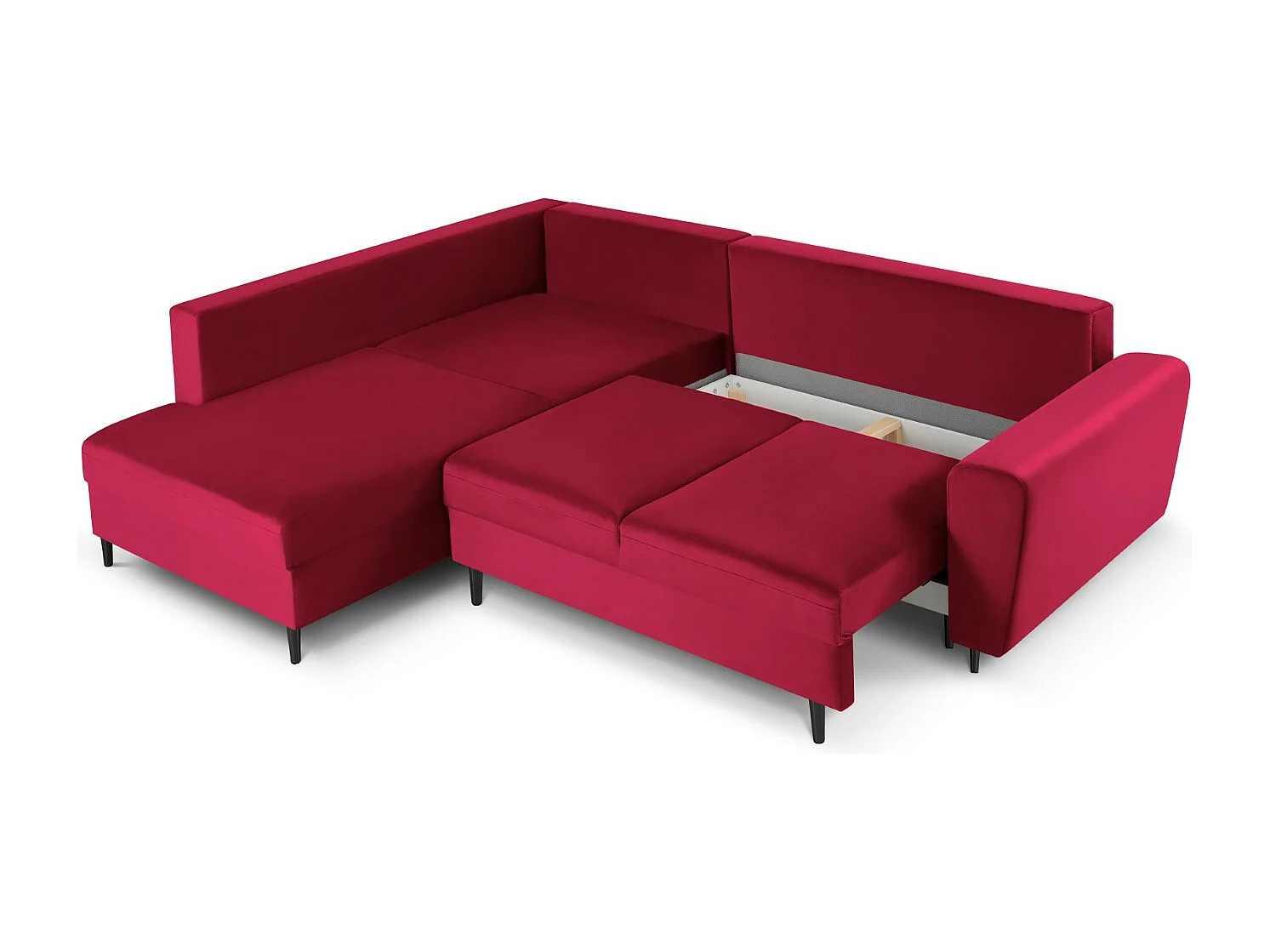 Cosmopolitan Design - 5-Sitzer ausklappbares Ecksofa links mit Container "Kyoto" aus Samt rot - 243x194x88cm