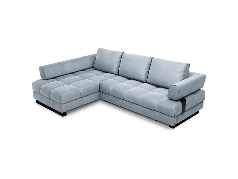 Cosmopolitan Design - Sofá cama esquinero izquierdo con baúl de almacenaje "Clinton" 5 plazas de terciopelo azul claro - 272x173x89cm