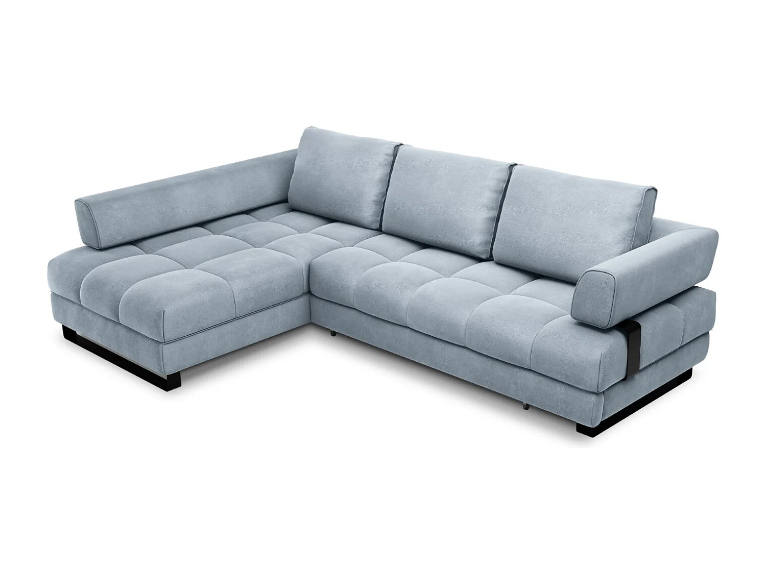 Cosmopolitan Design - 5-Sitzer ausklappbares Ecksofa links mit Container "Clinton" aus Samt hellblau - 272x173x89cm