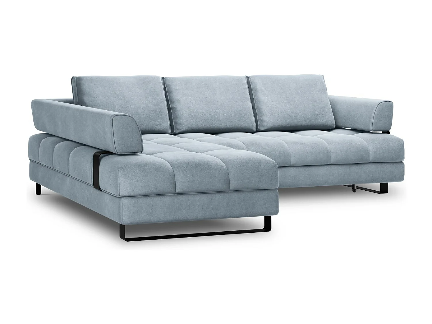 Cosmopolitan Design - 5-Sitzer ausklappbares Ecksofa links mit Container "Clinton" aus Samt hellblau - 272x173x89cm