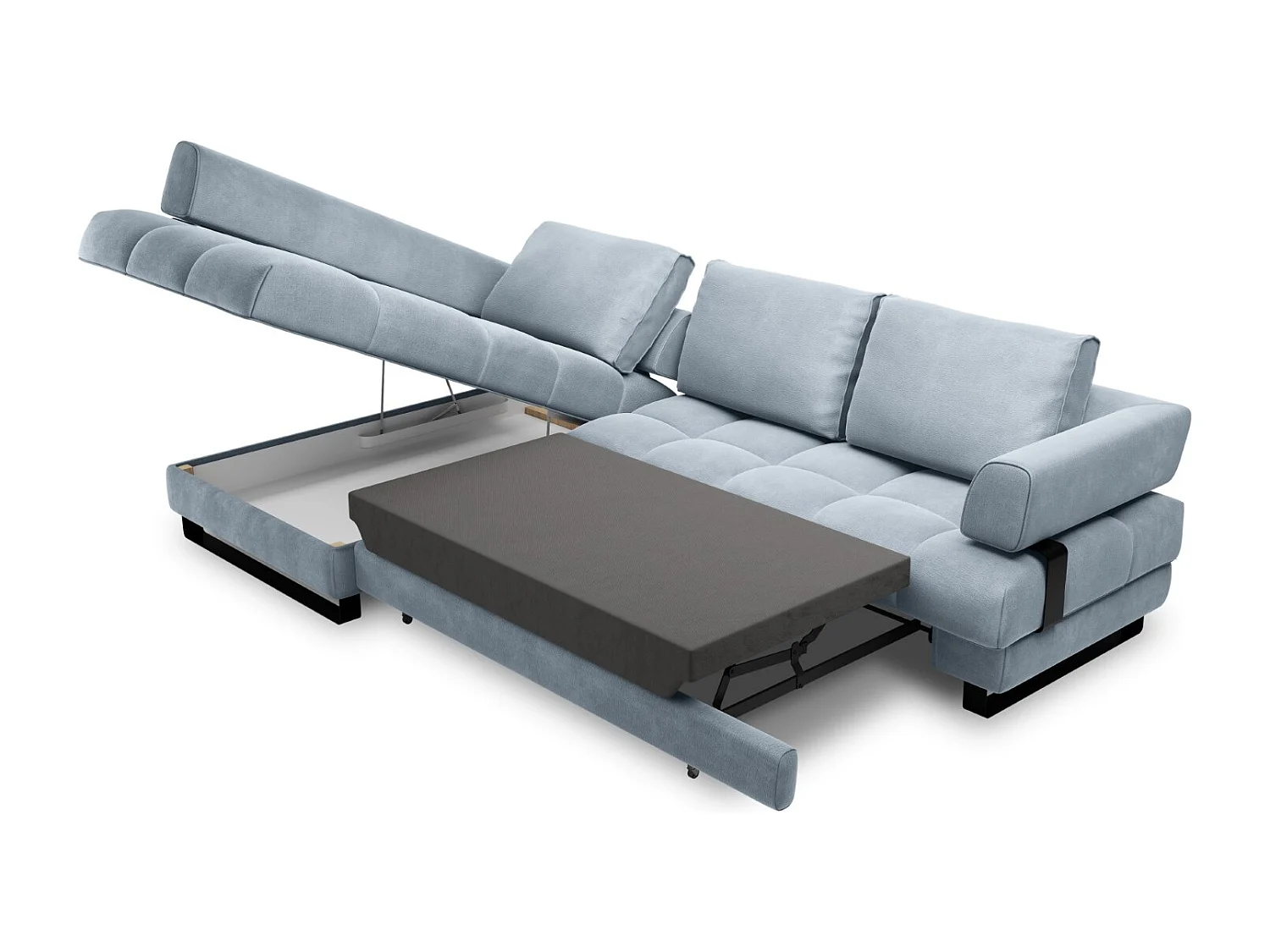 Cosmopolitan Design - Canapé d'angle gauche convertible avec coffre de rangement "Clinton" 5 places en velours bleu clair - 272x173x89cm