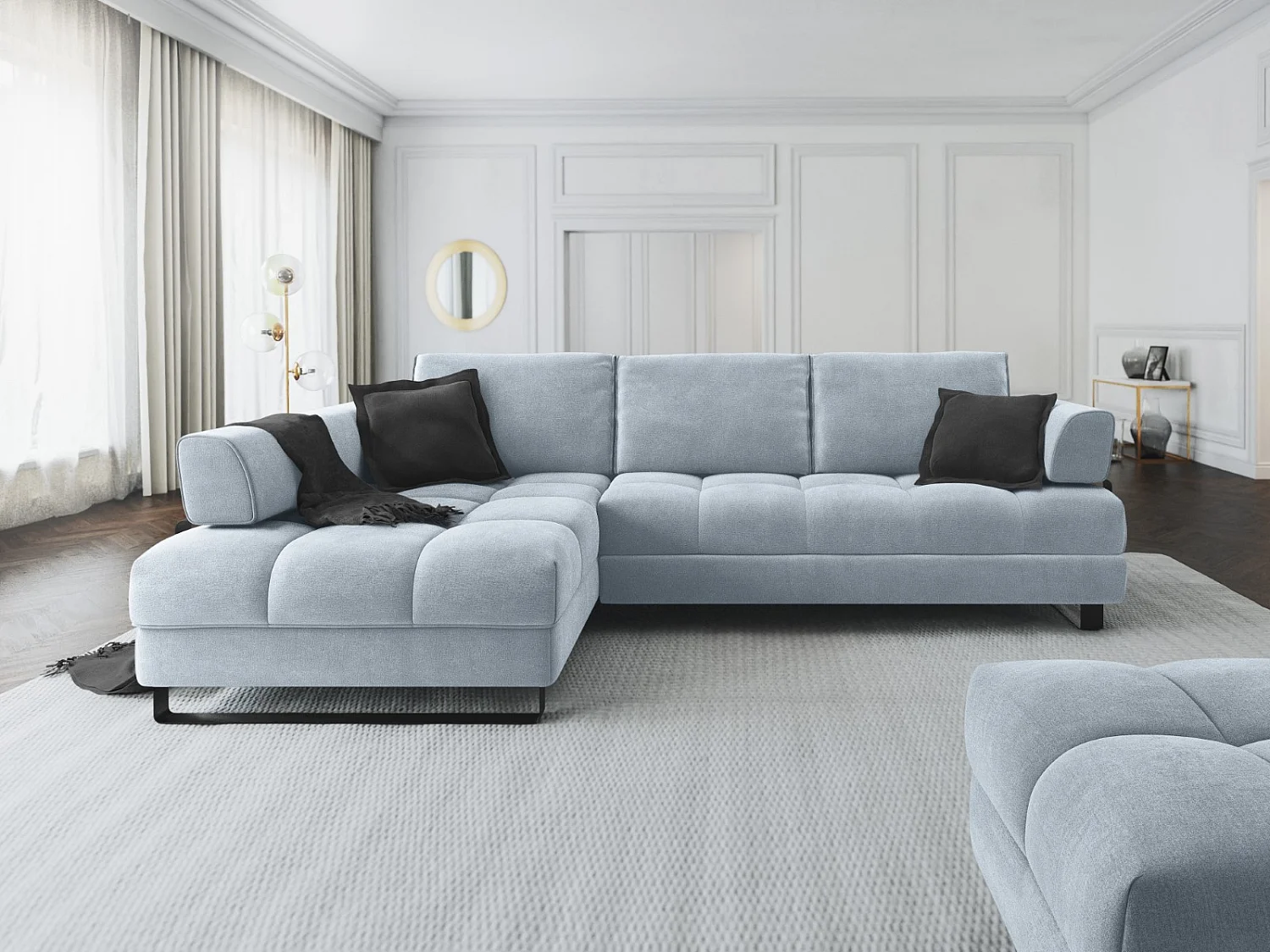 Cosmopolitan Design - Canapé d'angle gauche convertible avec coffre de rangement "Clinton" 5 places en velours bleu clair - 272x173x89cm