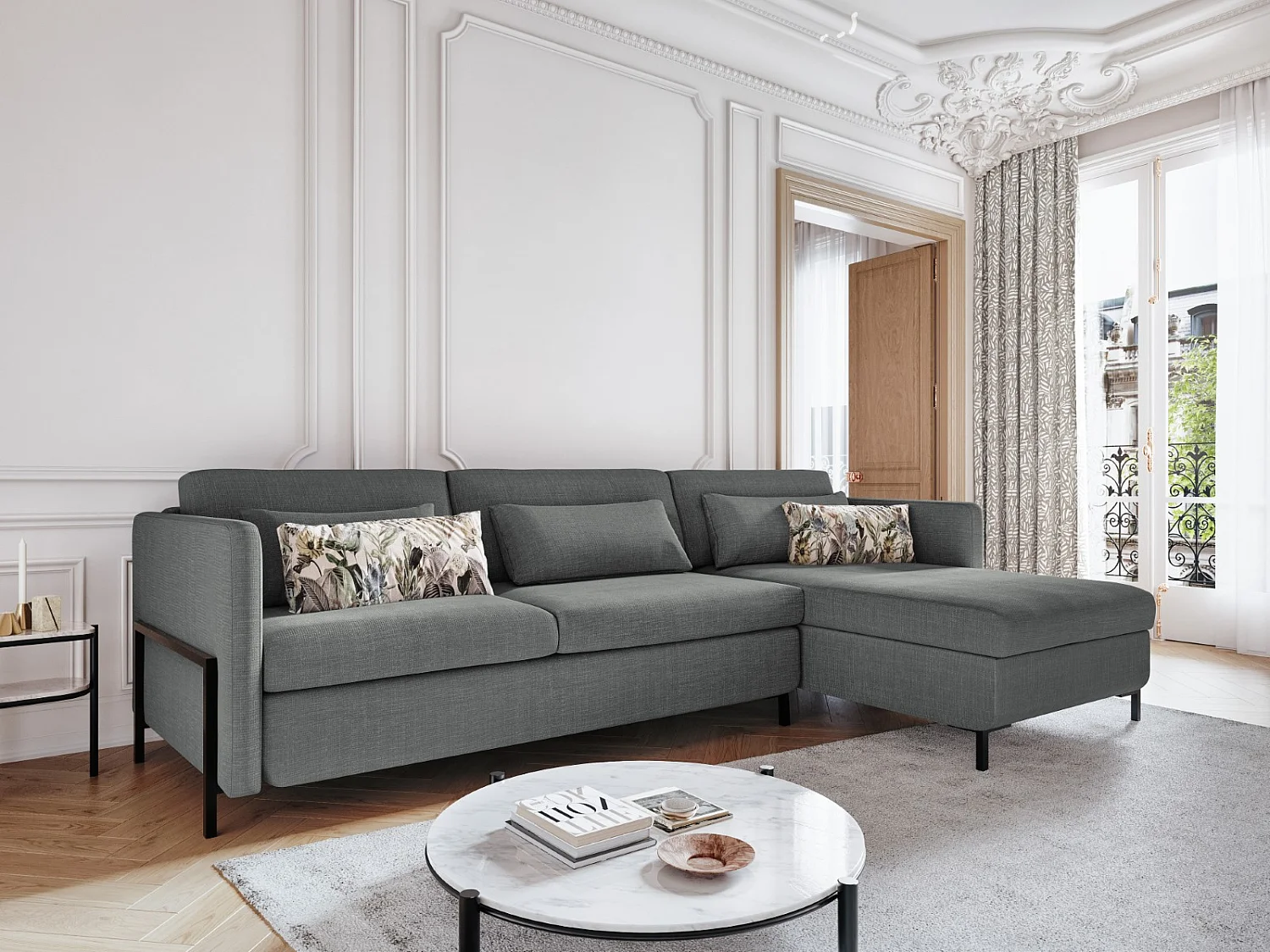 CXL by Christian Lacroix - Canapé d'angle droit convertible avec coffre de rangement "Yanis" 4 places en tissu structurel gris - 260x170x80cm