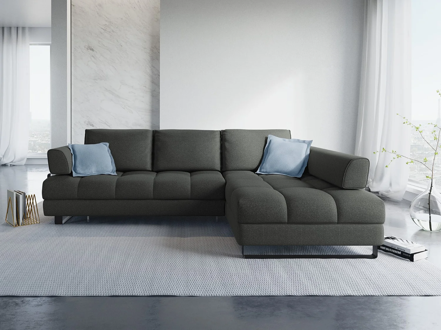 Cosmopolitan Design - 5-Sitzer ausklappbares Ecksofa rechts mit Container "Clinton" aus strukturiertem Stoff dunkelgrau - 272x173x89cm