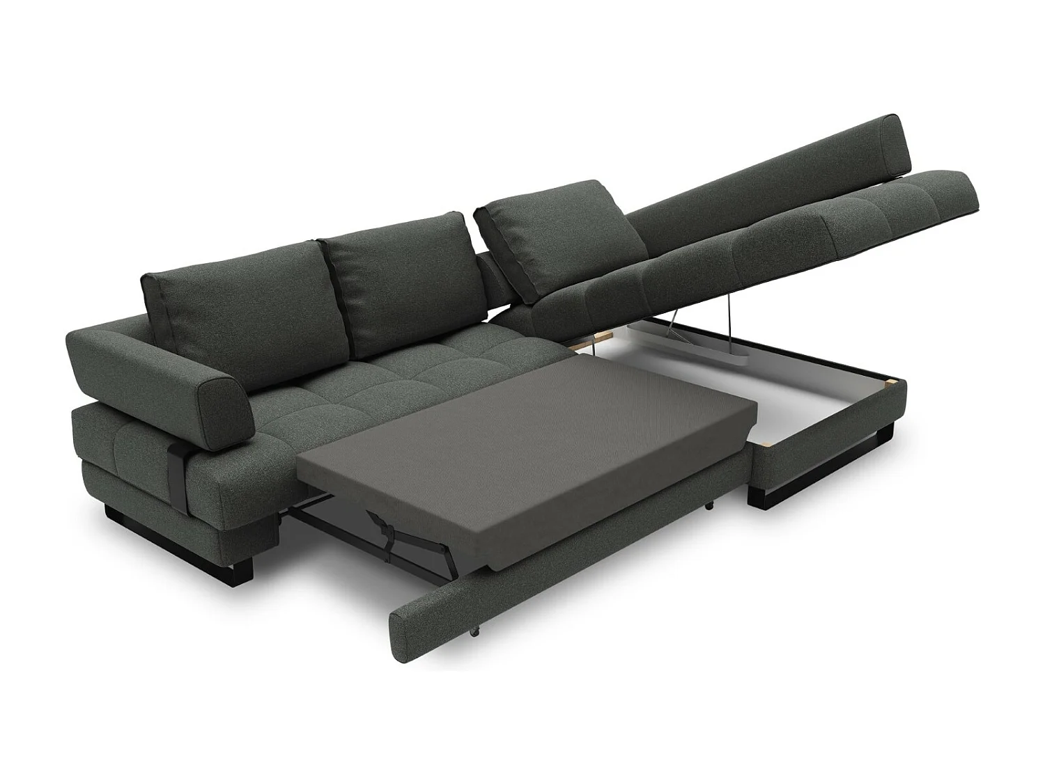Cosmopolitan Design - 5-Sitzer ausklappbares Ecksofa rechts mit Container "Clinton" aus strukturiertem Stoff dunkelgrau - 272x173x89cm