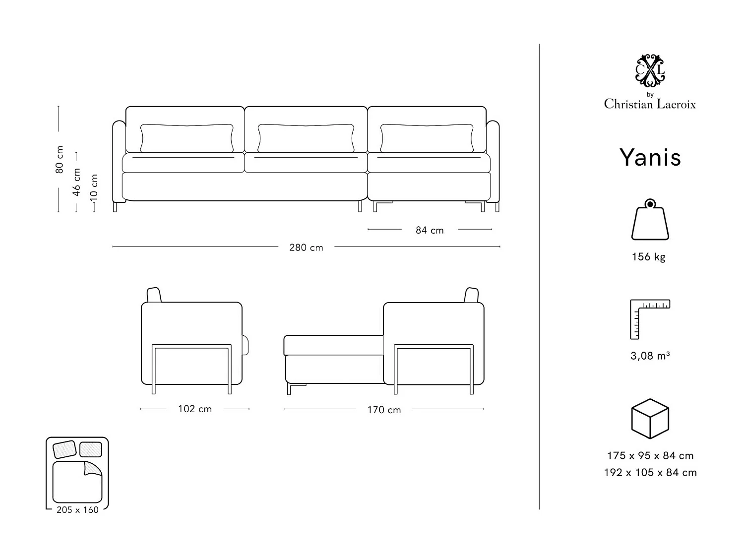 CXL by Christian Lacroix - 5-Sitzer ausklappbares Ecksofa rechts "Yanis" Sitzer aus Samt gelb - 280x170x80cm