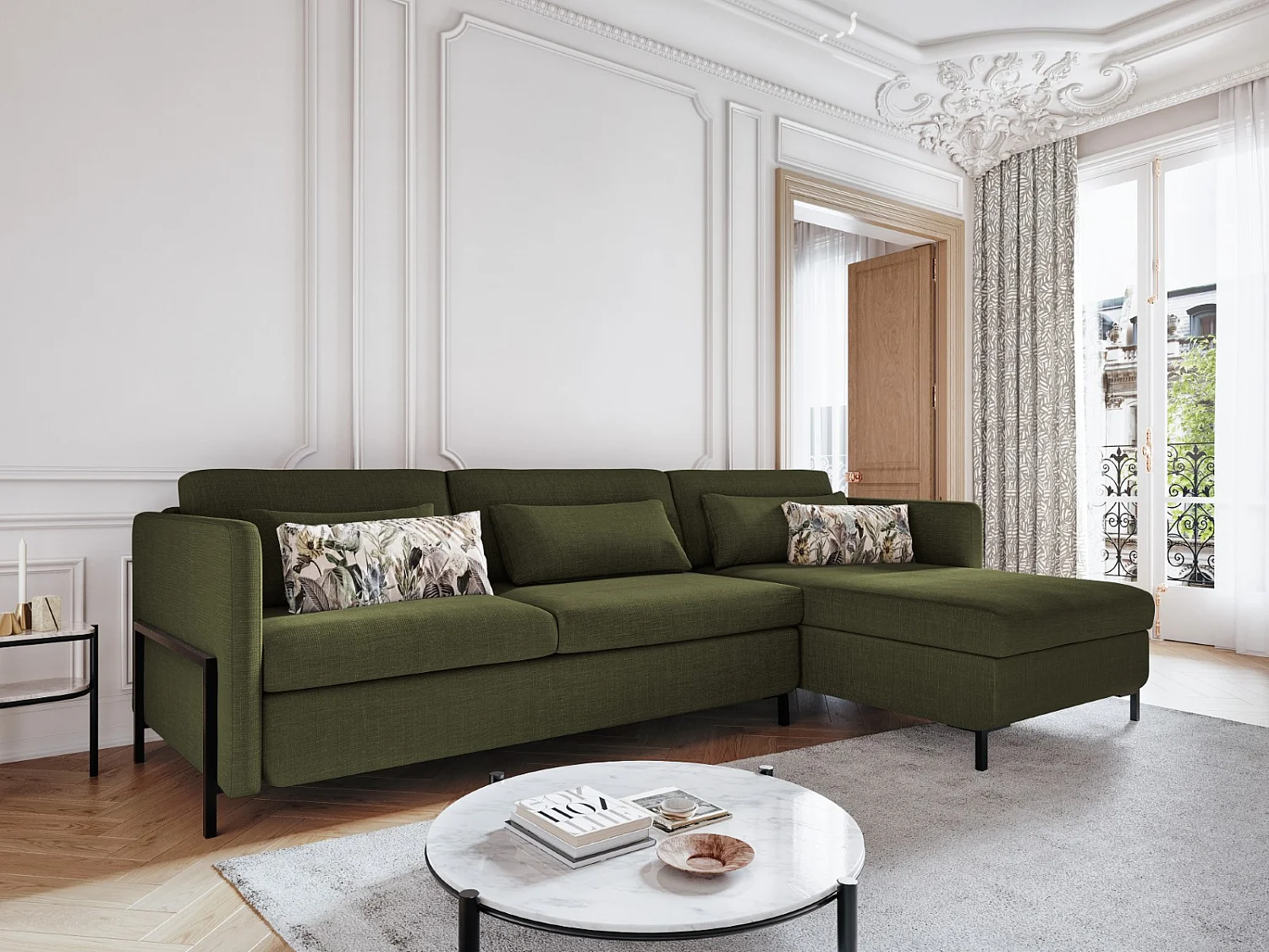 CXL by Christian Lacroix - Canapé d'angle droit convertible avec coffre de rangement "Yanis" 4 places en tissu structurel vert - 260x170x80cm