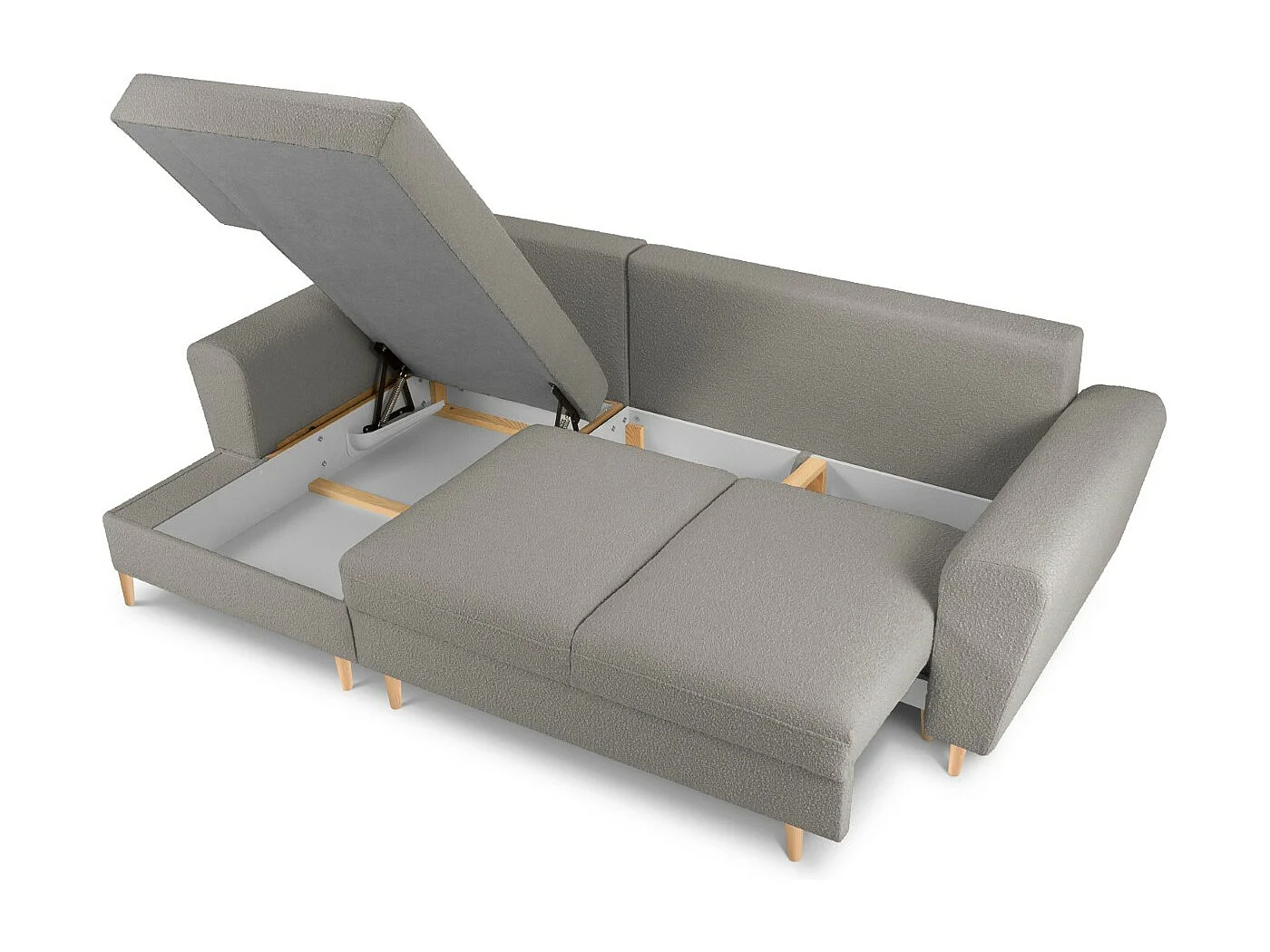 Cosmopolitan Design - 4-Sitzer ausklappbares Ecksofa links mit Container "Kyoto" aus Boucle grau - 241x145x88cm
