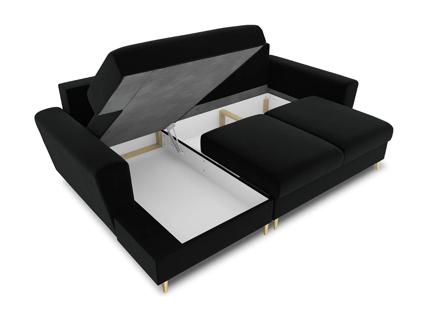 Cosmopolitan Design - 4-Sitzer ausklappbares Ecksofa links mit Container "Kyoto" aus Samt schwarz - 241x145x88cm