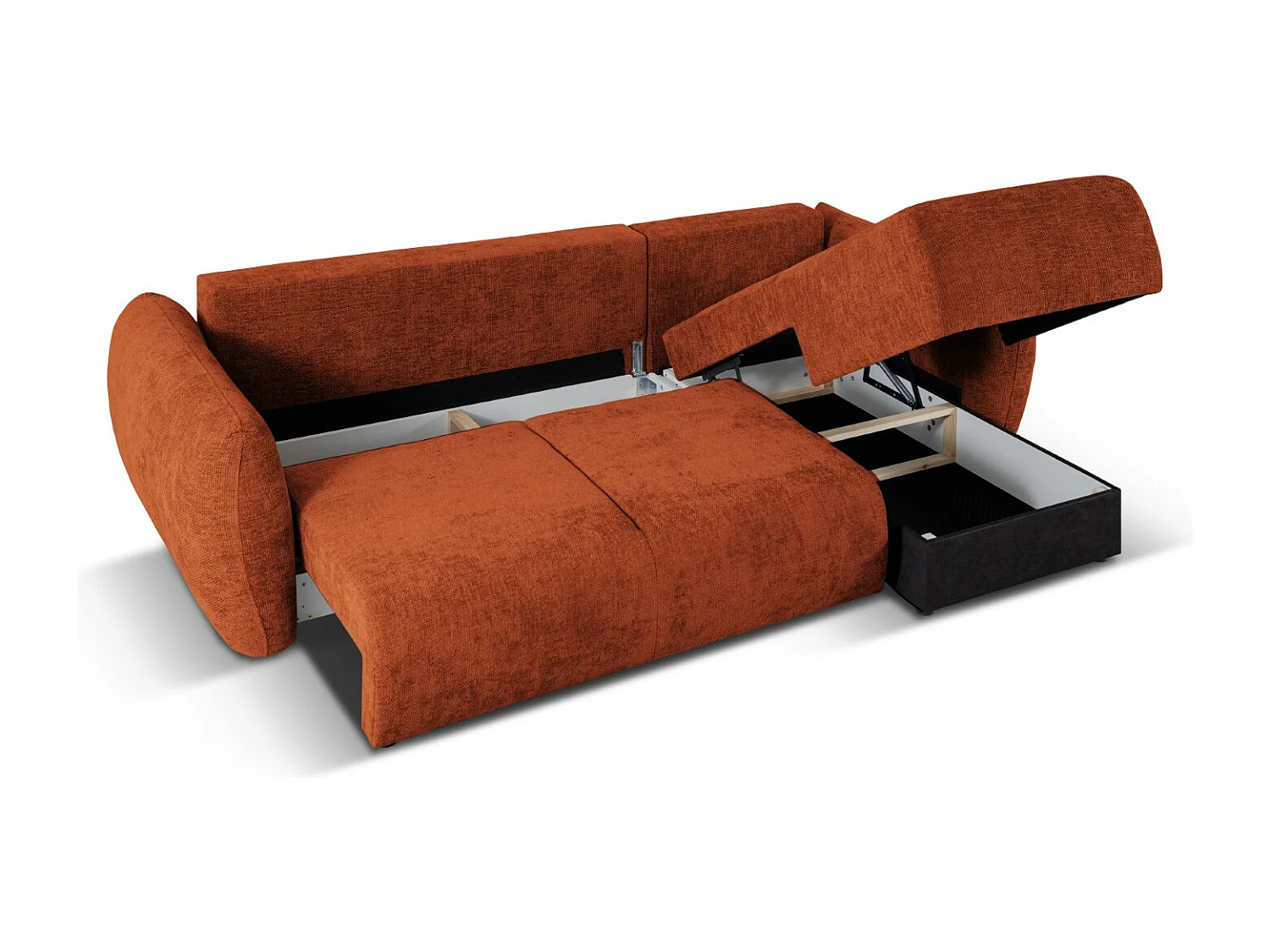 Cosmopolitan Design - Sofá cama esquinero derecho con baúl de almacenaje "Matera" 4 plazas de tejido chenilla terracota - 253x173x86cm