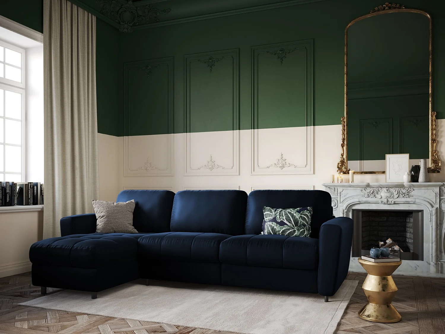 CXL by Christian Lacroix - Canapé d'angle gauche convertible avec coffre de rangement "Audra" 4 places en velours bleu roi - 270x170x88cm