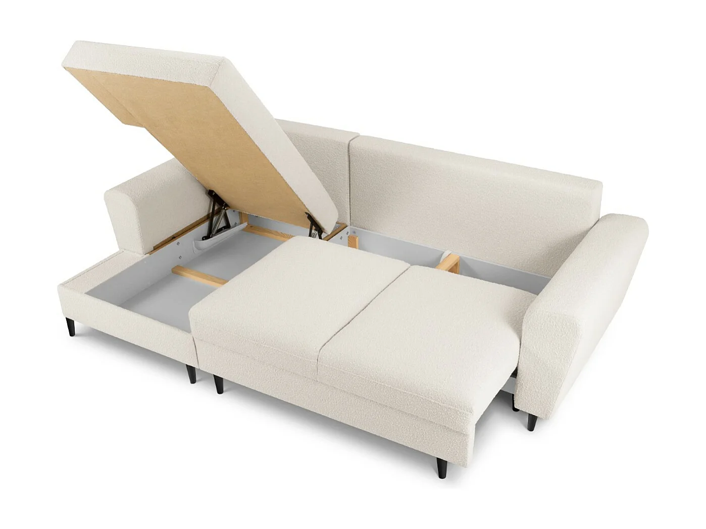 Cosmopolitan Design - 4-Sitzer ausklappbares Ecksofa links mit Container "Kyoto" aus Boucle beige - 241x145x88cm