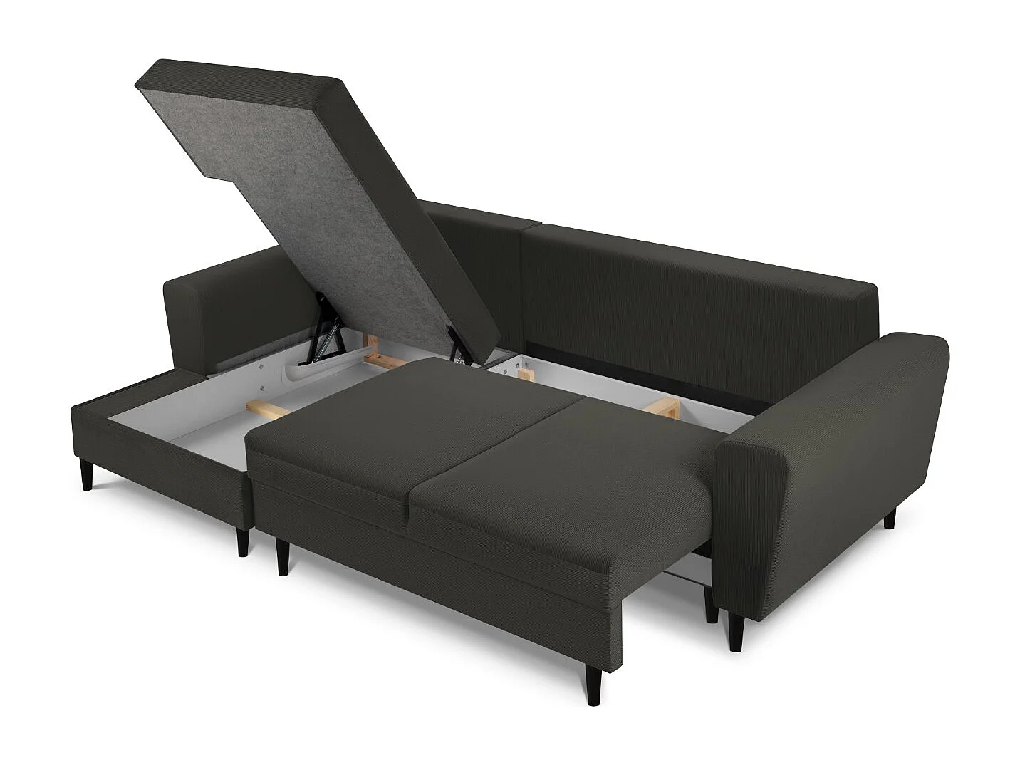 Cosmopolitan Design - 4-Sitzer ausklappbares Ecksofa links mit Container "Kyoto" aus Cord schwarz - 241x145x88cm