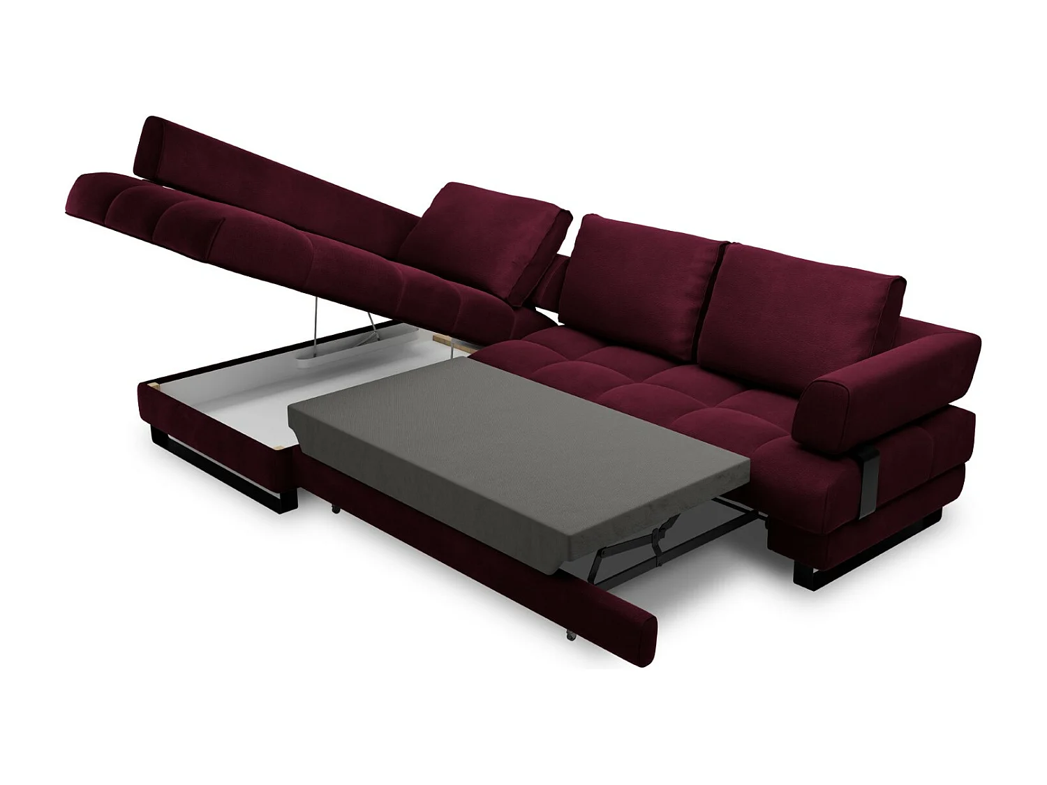 Cosmopolitan Design - Canapé d'angle gauche convertible avec coffre de rangement "Clinton" 5 places en velours rouge foncé - 272x173x89cm