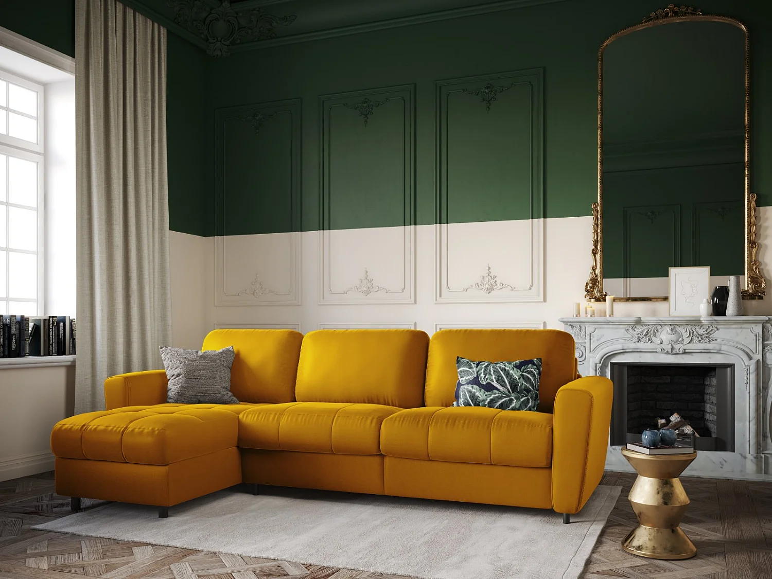 CXL by Christian Lacroix - Uitklapbare hoekbank links met opbergdoos "Audra" 5 zitplaatsen, Flueel, GEEL - 290x170x88cm