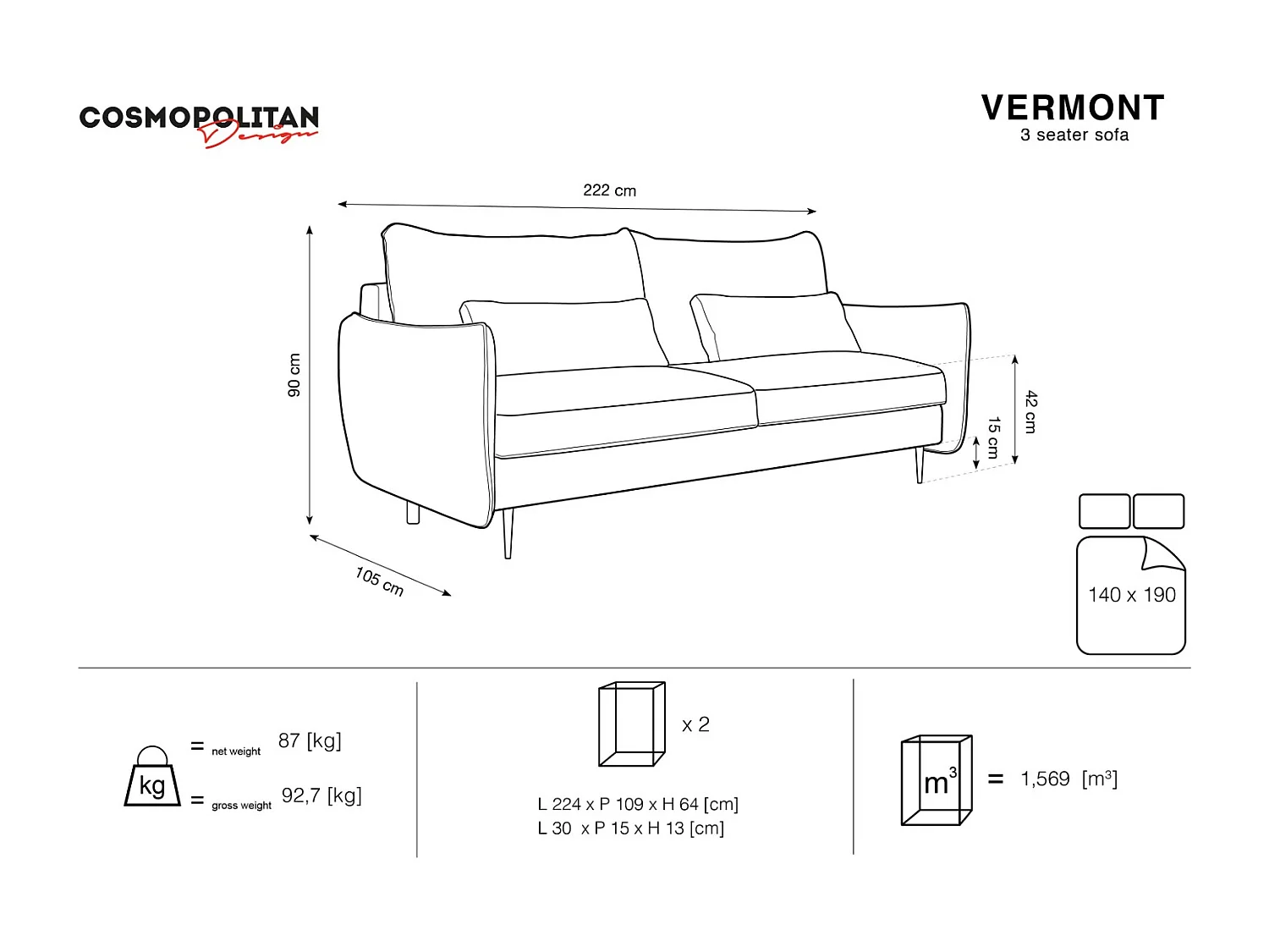Cosmopolitan Design - Canapé convertible avec coffre de rangement "Vermont" 3 places en velours pétrole - 222x105x90cm