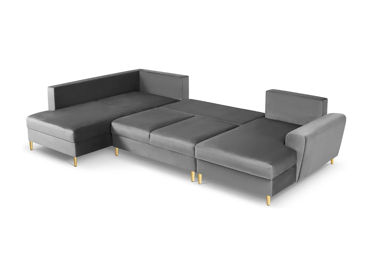 Cosmopolitan Design - Canapé gauche panoramique convertible avec coffre de rangement "Kyoto" 7 places en velours gris clair - 313x194x88cm