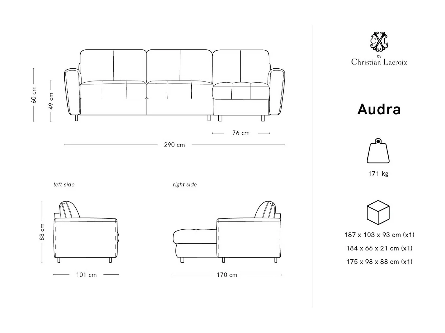 CXL by Christian Lacroix - 5-Sitzer ausklappbares Ecksofa rechts mit Container "Audra" Sitzer aus Samt beige - 290x170x88cm