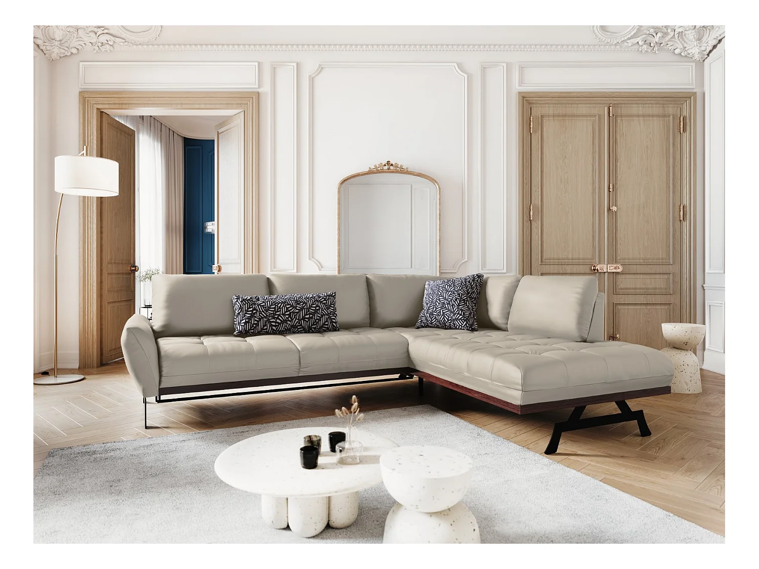 CXL by Christian Lacroix - Canapé d'angle droit convertible "Olivier" 5 places en cuir véritable gris clair - 262x204x87cm