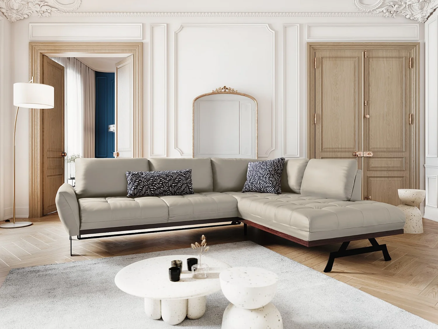 CXL by Christian Lacroix - Canapé d'angle droit convertible "Olivier" 5 places en cuir véritable gris clair - 262x204x87cm