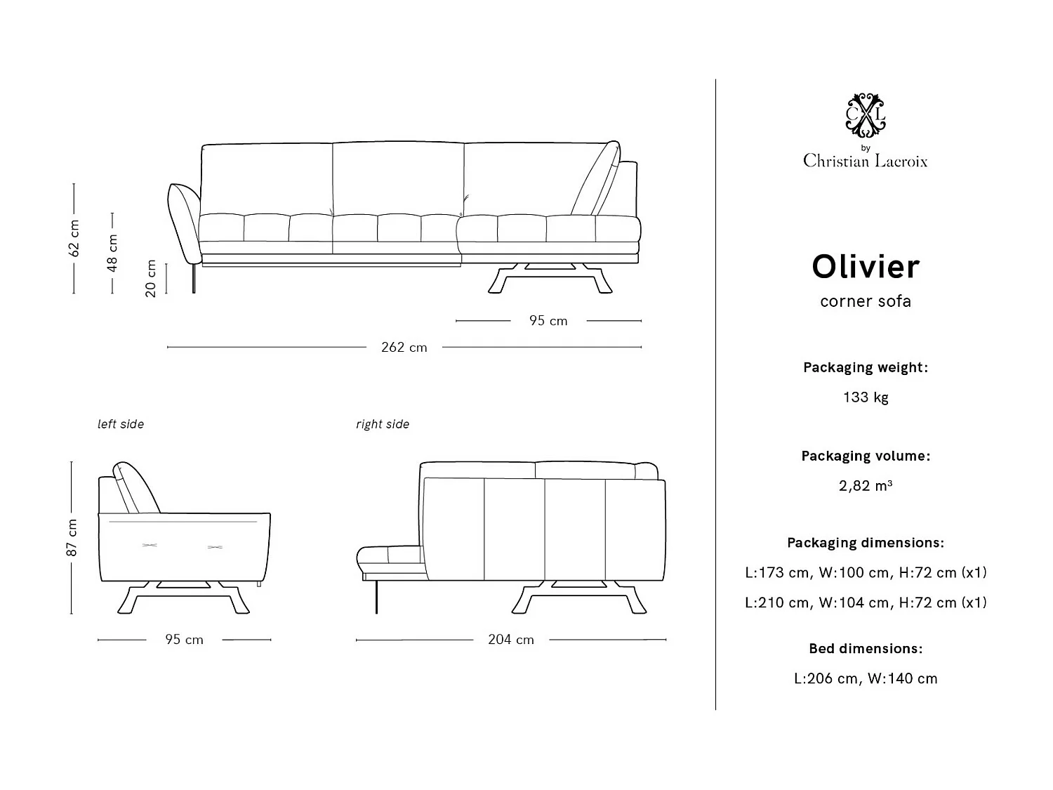 CXL by Christian Lacroix - Canapé d'angle droit convertible "Olivier" 5 places en cuir véritable gris clair - 262x204x87cm
