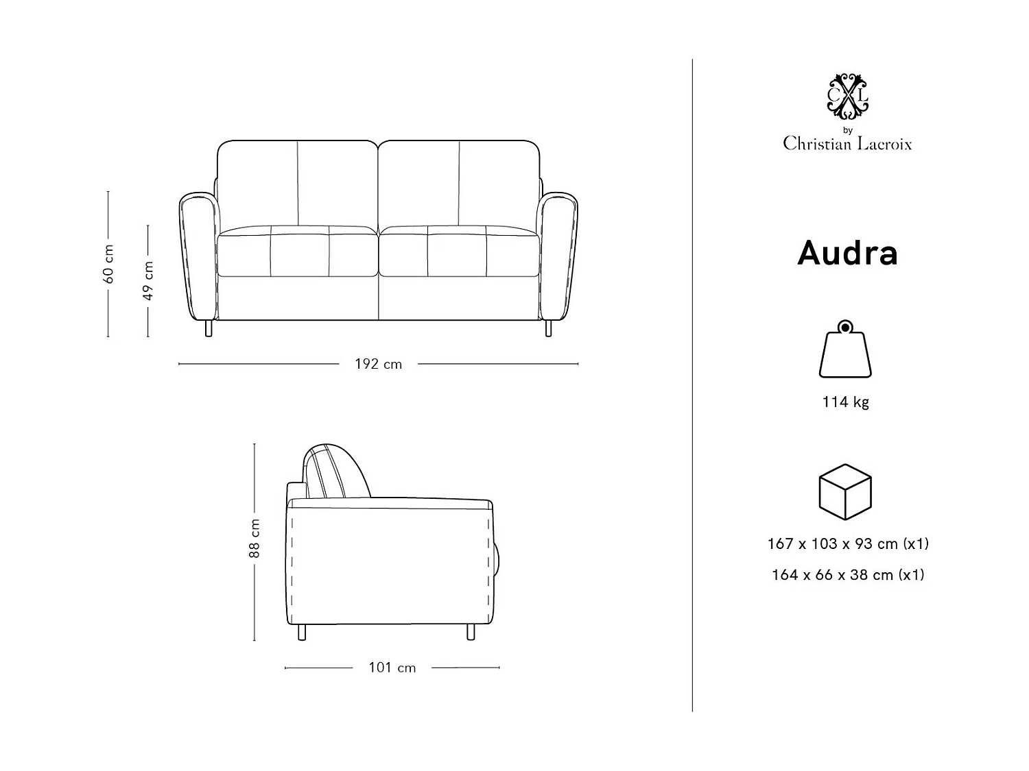 CXL by Christian Lacroix - 3-Sitzer ausklappbares Sofa "Audra" Sitzer aus Echtleder braun - 192x101x88cm