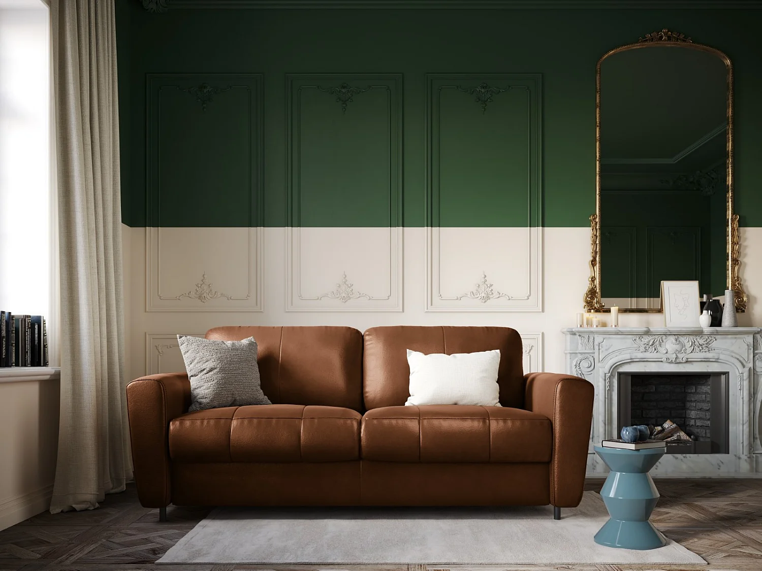 CXL by Christian Lacroix - Canapé convertible "Audra" 3 places en cuir véritable marron - 192x101x88cm