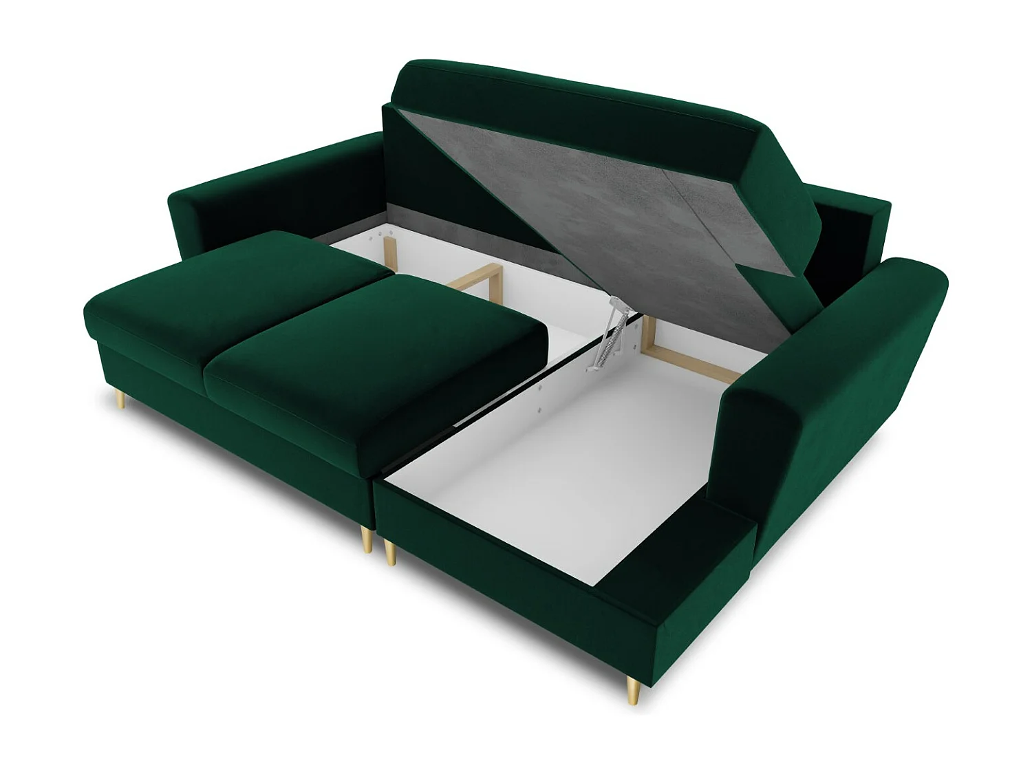 Cosmopolitan Design - 4-Sitzer ausklappbares Ecksofa rechts mit Container "Kyoto" aus Samt flaschengrün - 241x145x88cm