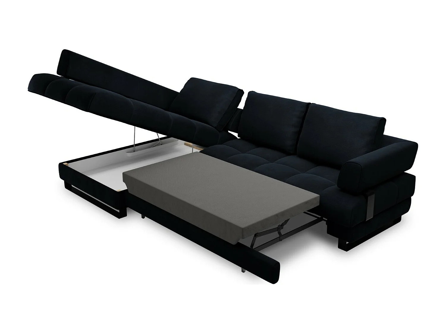 Cosmopolitan Design - 5-Sitzer ausklappbares Ecksofa links mit Container "Clinton" aus Samt dunkelblau - 272x173x89cm