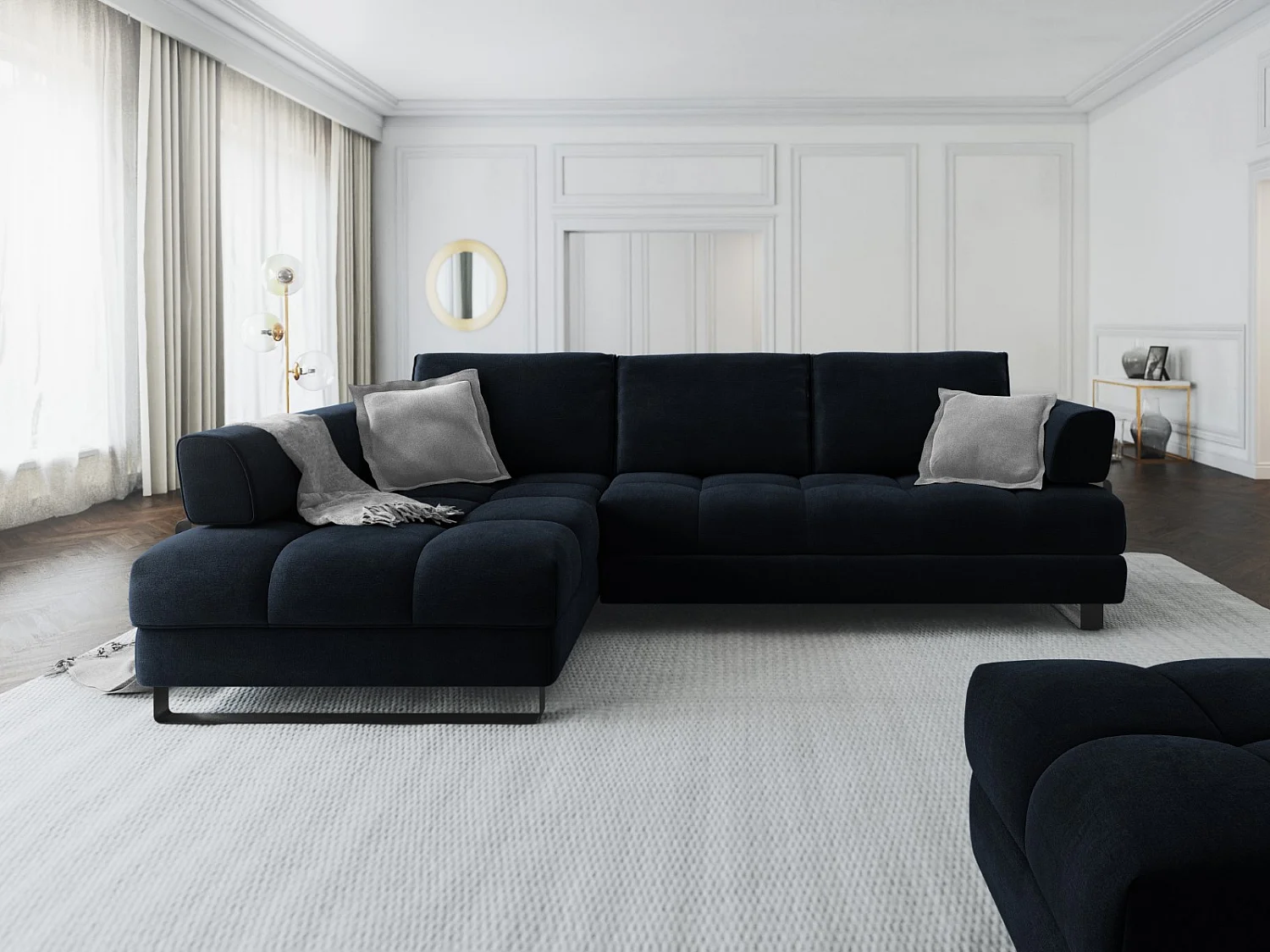 Cosmopolitan Design - Canapé d'angle gauche convertible avec coffre de rangement "Clinton" 5 places en velours bleu foncé - 272x173x89cm