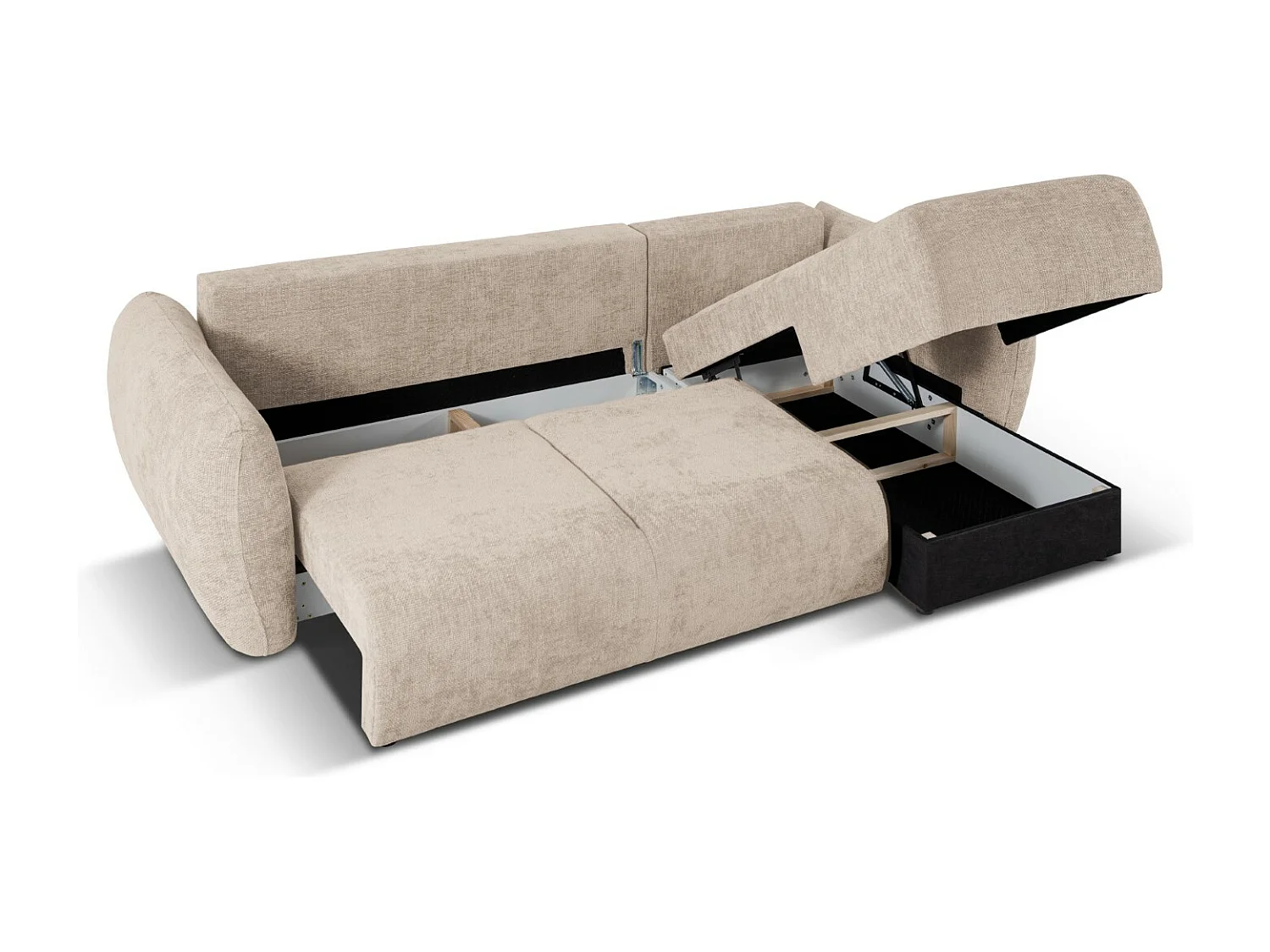 Cosmopolitan Design - Divano convertibile angolare destro con contenitore "Matera" 4 posti in ciniglia beige - 253x173x86cm