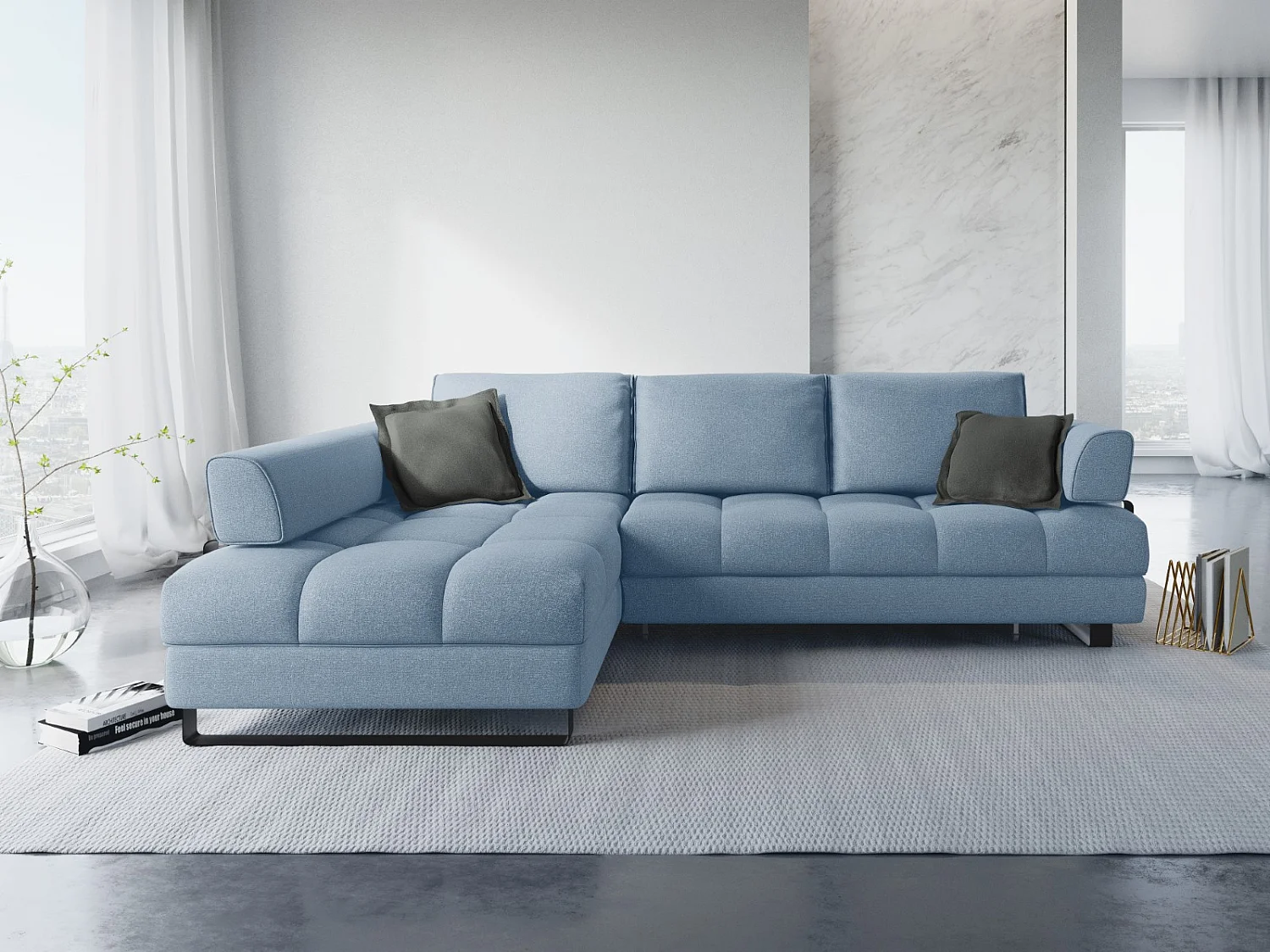Cosmopolitan Design - 5-Sitzer ausklappbares Ecksofa links mit Container "Clinton" aus strukturiertem Stoff blau - 272x173x89cm