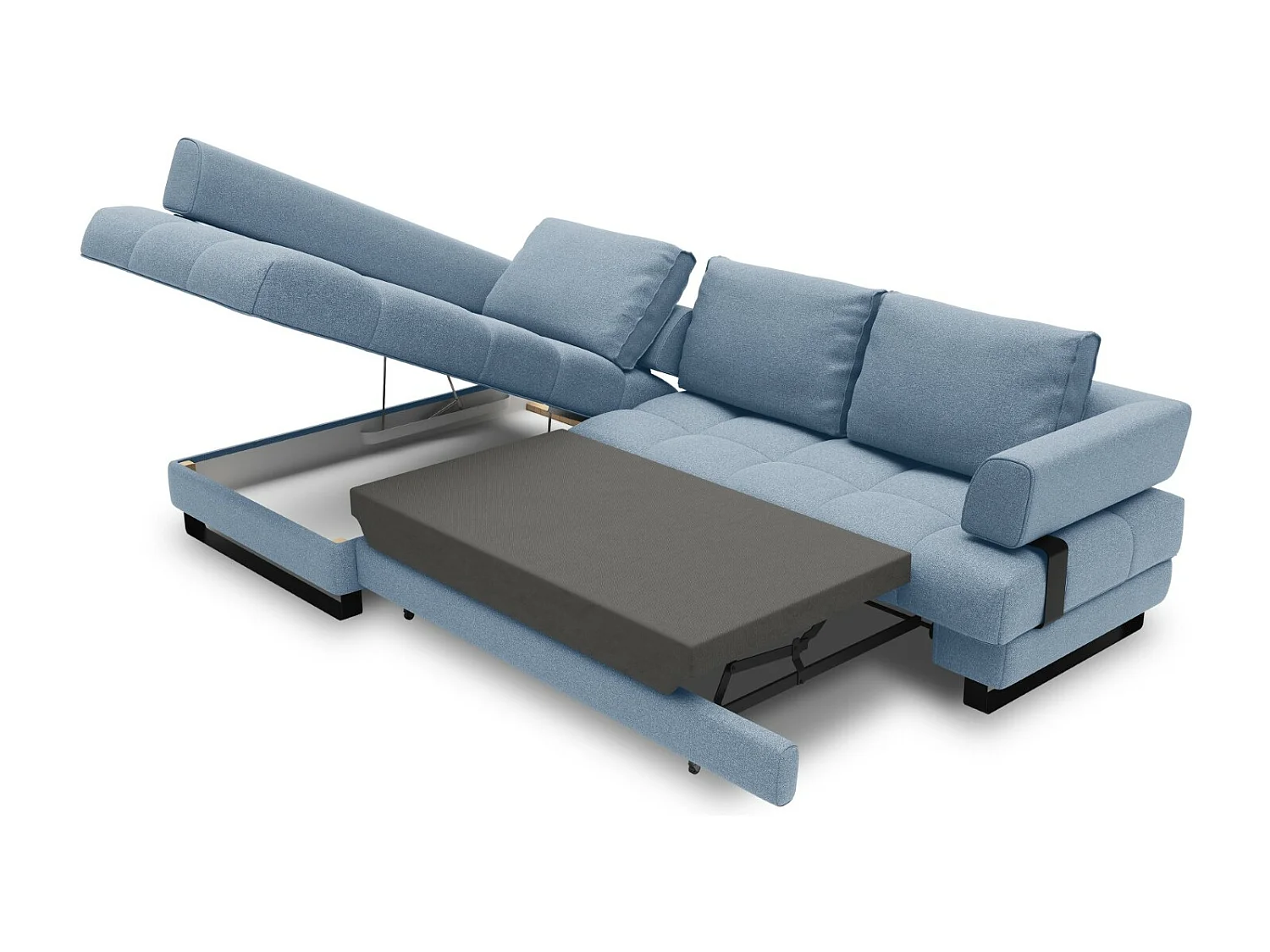 Cosmopolitan Design - 5-Sitzer ausklappbares Ecksofa links mit Container "Clinton" aus strukturiertem Stoff blau - 272x173x89cm