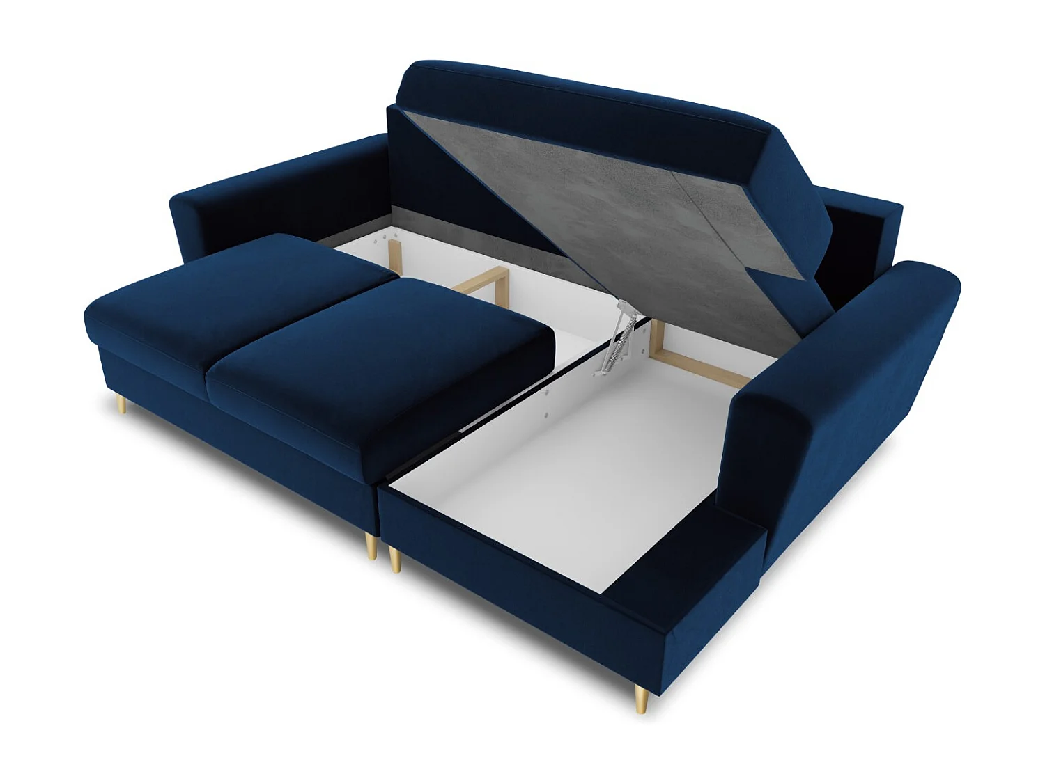 Cosmopolitan Design - Sofá cama esquinero derecho con baúl de almacenaje "Kyoto" 4 plazas de terciopelo azul regio - 241x145x88cm