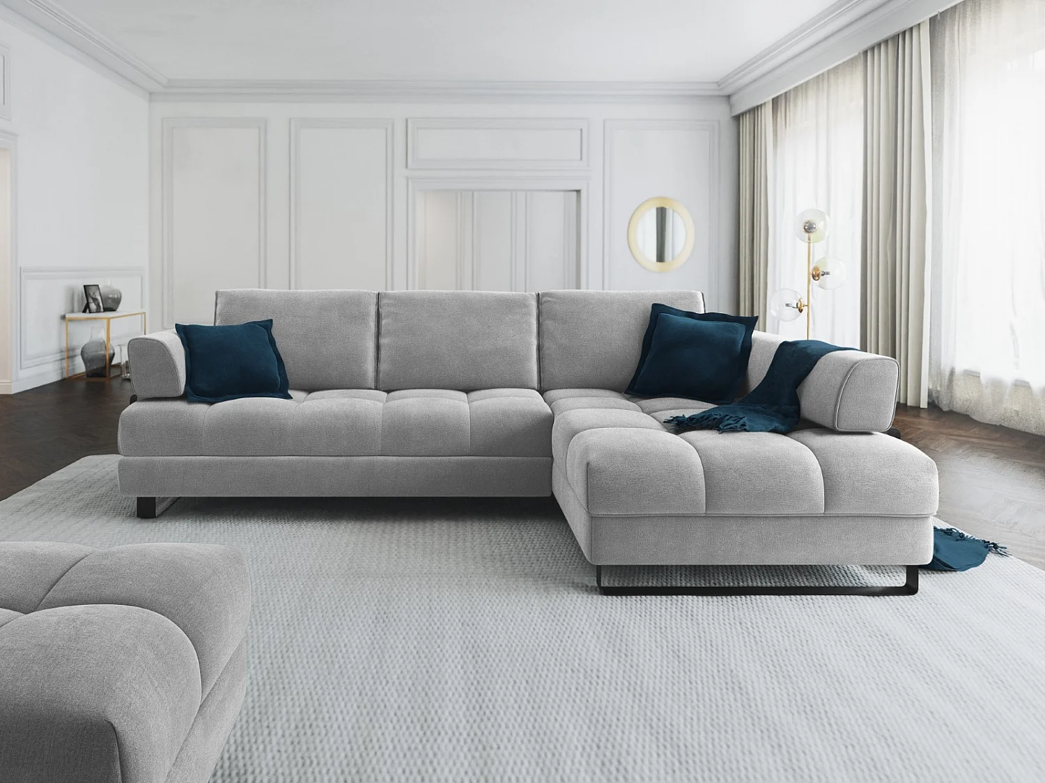 Cosmopolitan Design - Converteerbare hoekbank rechts met opbergdoos "Clinton" 5 zitplaatsen, Flueel, Lichtgrijs - 272x173x89cm