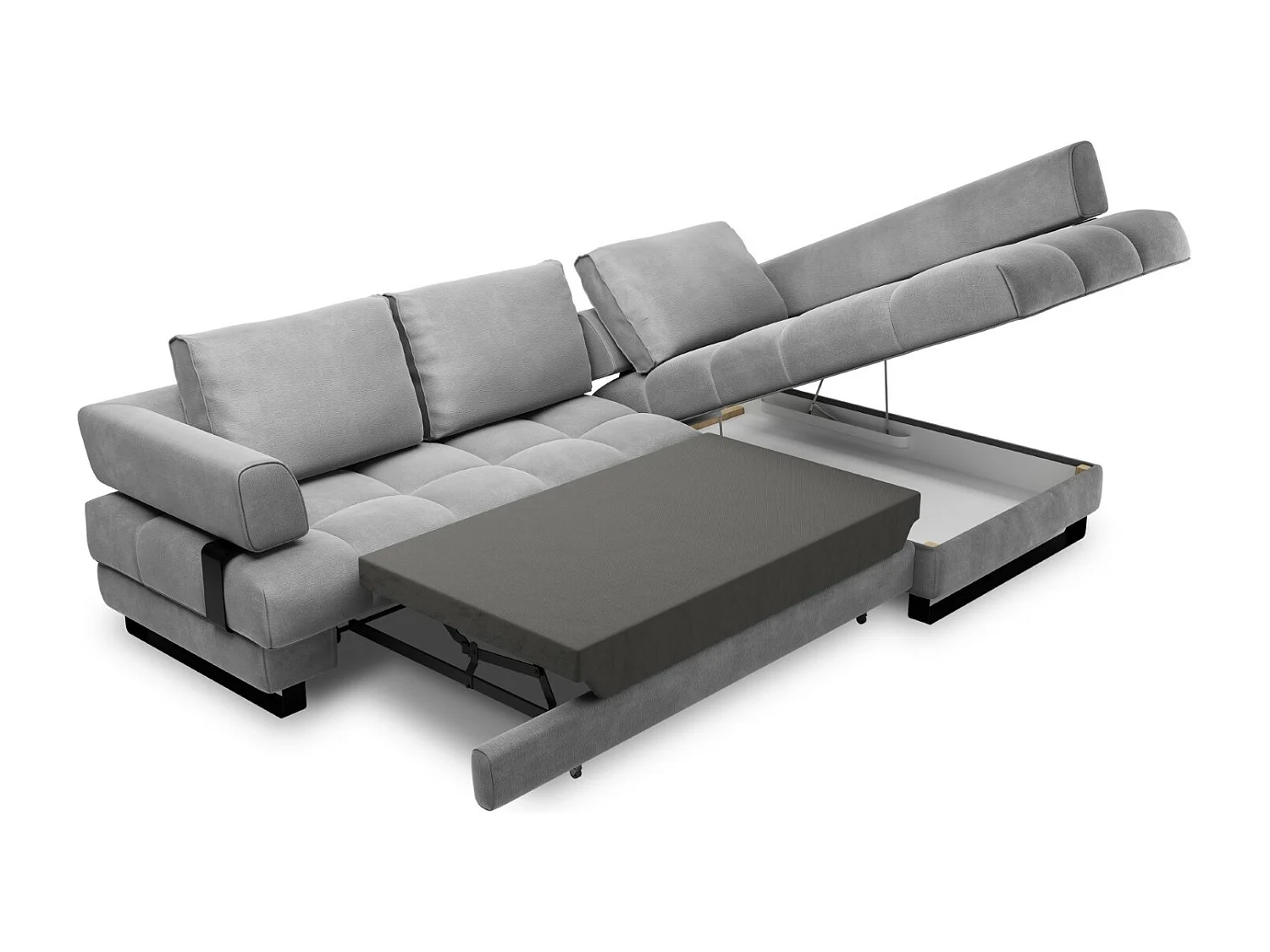 Cosmopolitan Design - Converteerbare hoekbank rechts met opbergdoos "Clinton" 5 zitplaatsen, Flueel, Lichtgrijs - 272x173x89cm