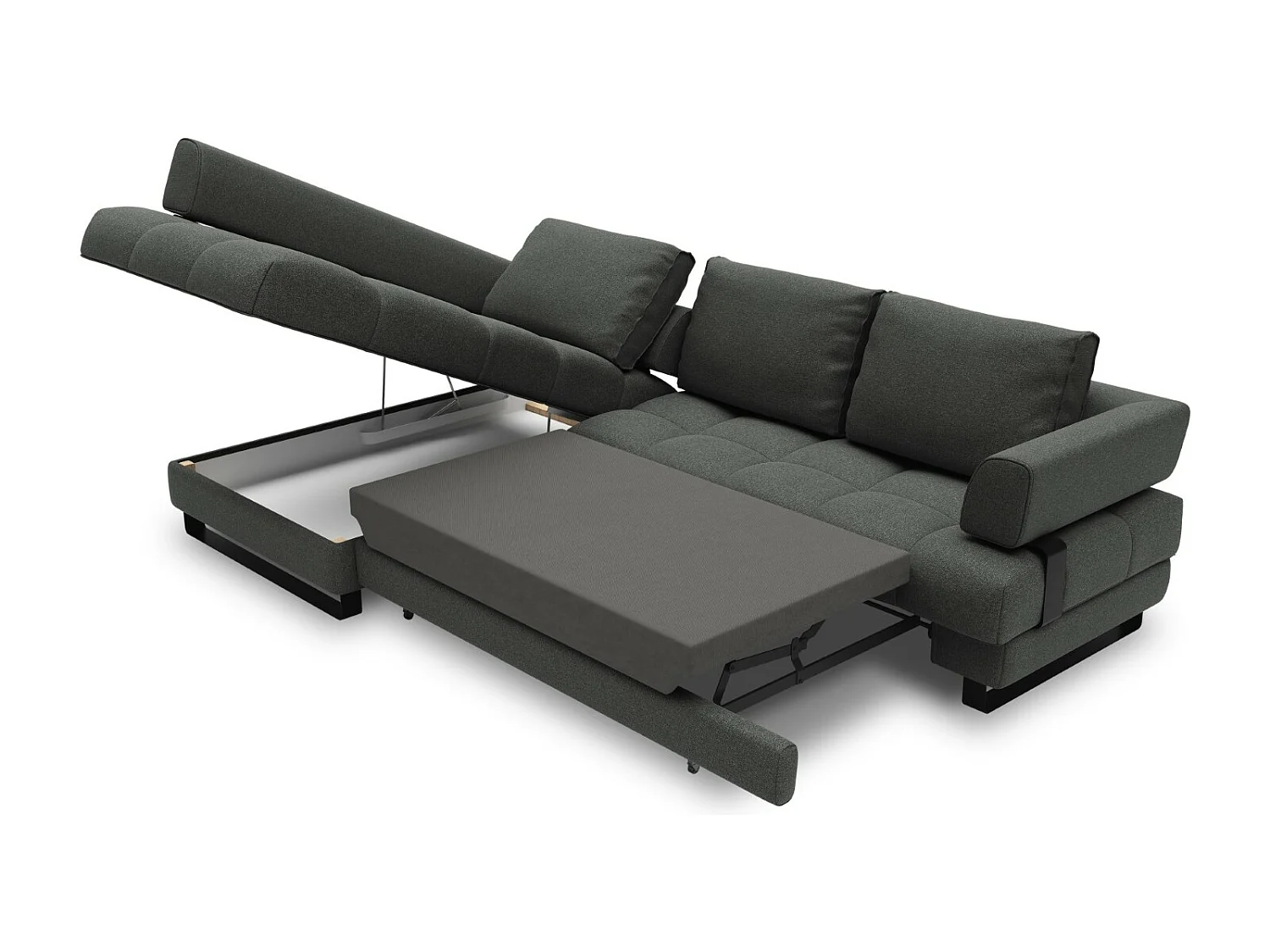 Cosmopolitan Design - 5-Sitzer ausklappbares Ecksofa links mit Container "Clinton" aus strukturiertem Stoff dunkelgrau - 272x173x89cm