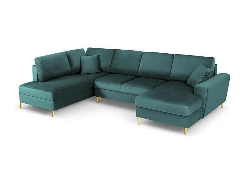 Cosmopolitan Design - Sofa panoramiczna lewa rozkładana ze schowkiem, "Kyoto" 7 miejsc welur, petrol - 313x194x88cm