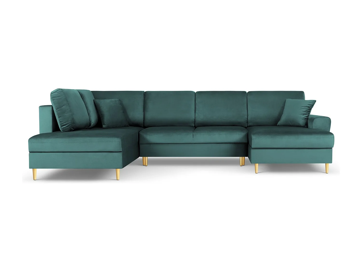 Cosmopolitan Design - 7-Sitzer ausklappbares Panoramasofa mit Bettkasten links "Kyoto" aus Samt petrol - 313x194x88cm