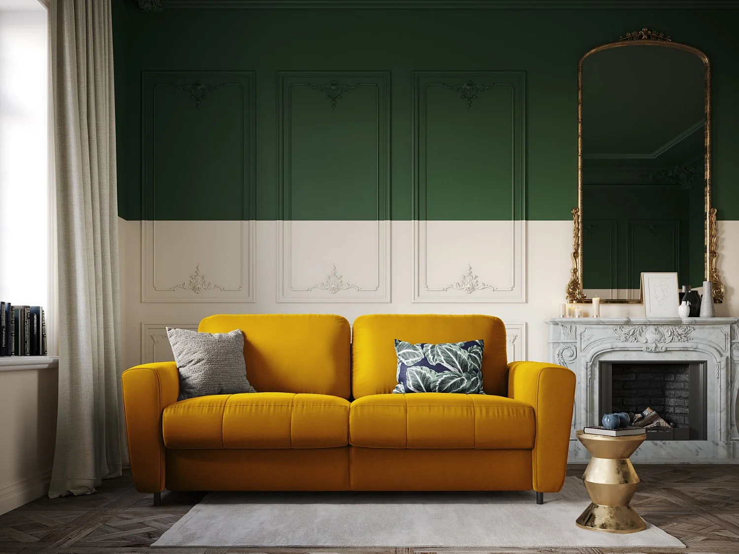 CXL by Christian Lacroix - Canapé convertible "Audra" 4 places en velours jaune - 212x101x88cm