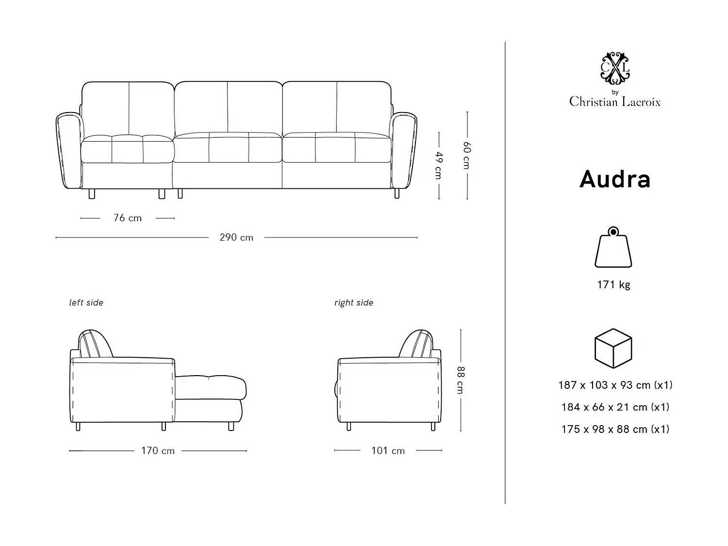 CXL by Christian Lacroix - Canapé d'angle gauche convertible "Audra" 5 places en cuir véritable bleu gris - 290x170x88cm