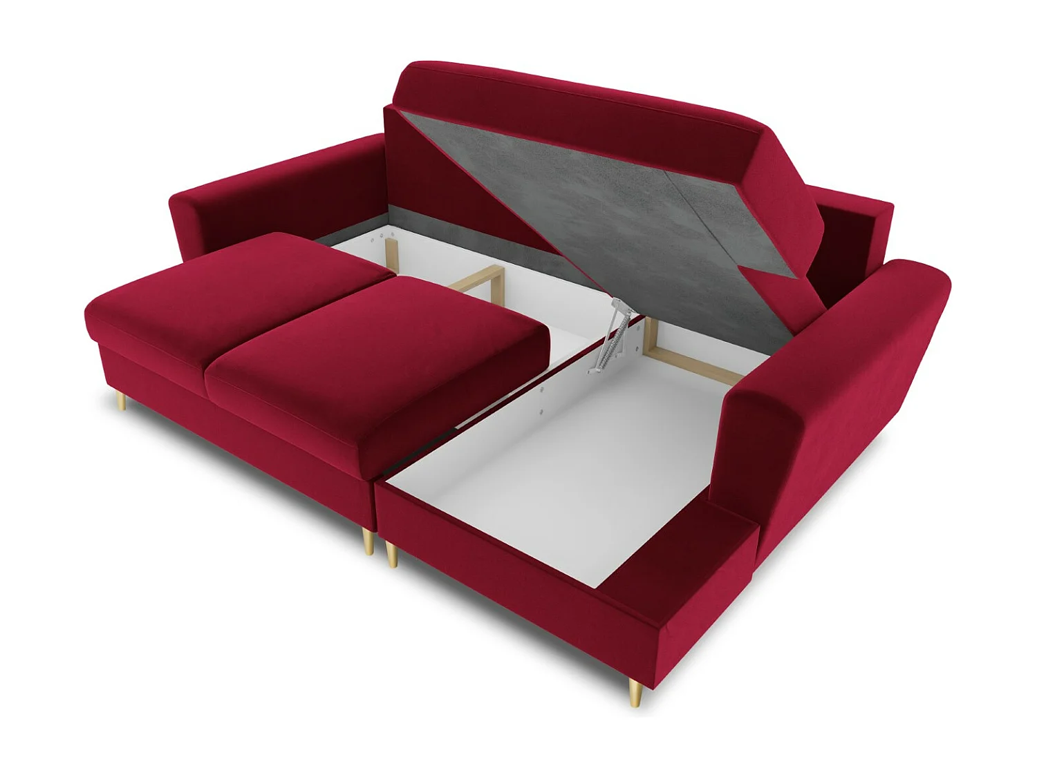 Cosmopolitan Design - Canapé d'angle droit convertible avec coffre de rangement "Kyoto" 4 places en velours rouge - 241x145x88cm