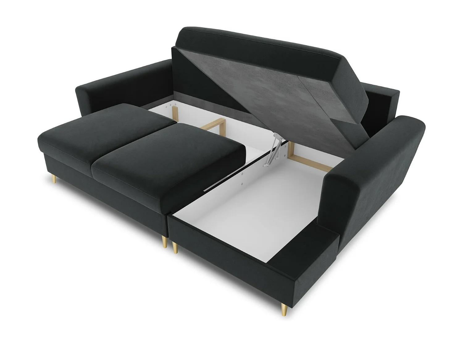 Cosmopolitan Design - 4-Sitzer ausklappbares Ecksofa rechts mit Container "Kyoto" aus Samt dunkelgrau - 241x145x88cm
