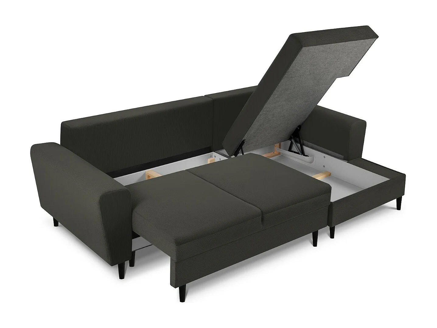 Cosmopolitan Design - Converteerbare hoekbank rechts met opbergdoos "Kyoto" 4 zitplaatsen, Ribfluwelen, Zwart - 241x145x88cm