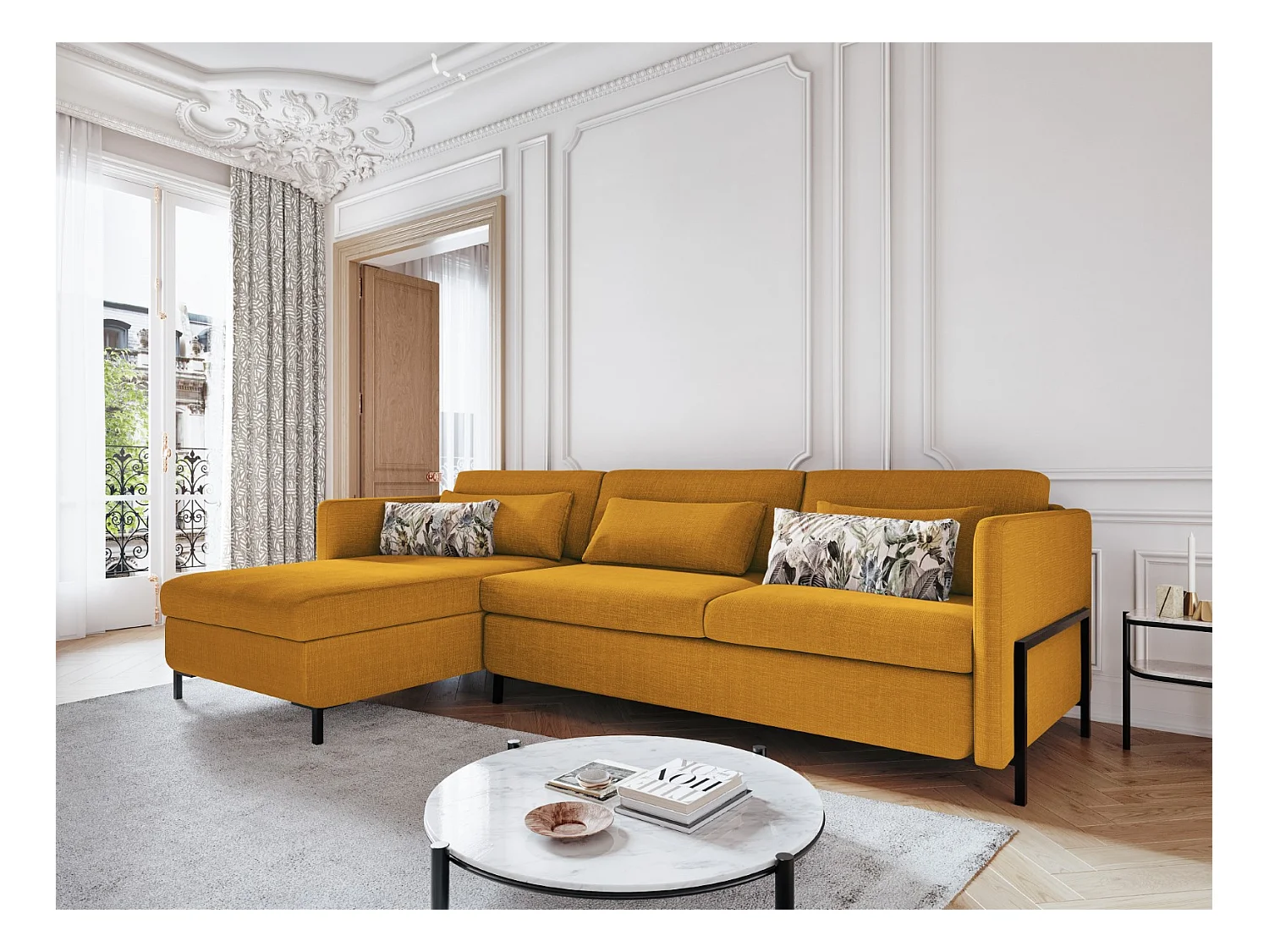 CXL by Christian Lacroix - Canapé d'angle gauche convertible avec coffre de rangement "Yanis" 5 places en tissu structurel or - 280x170x80cm