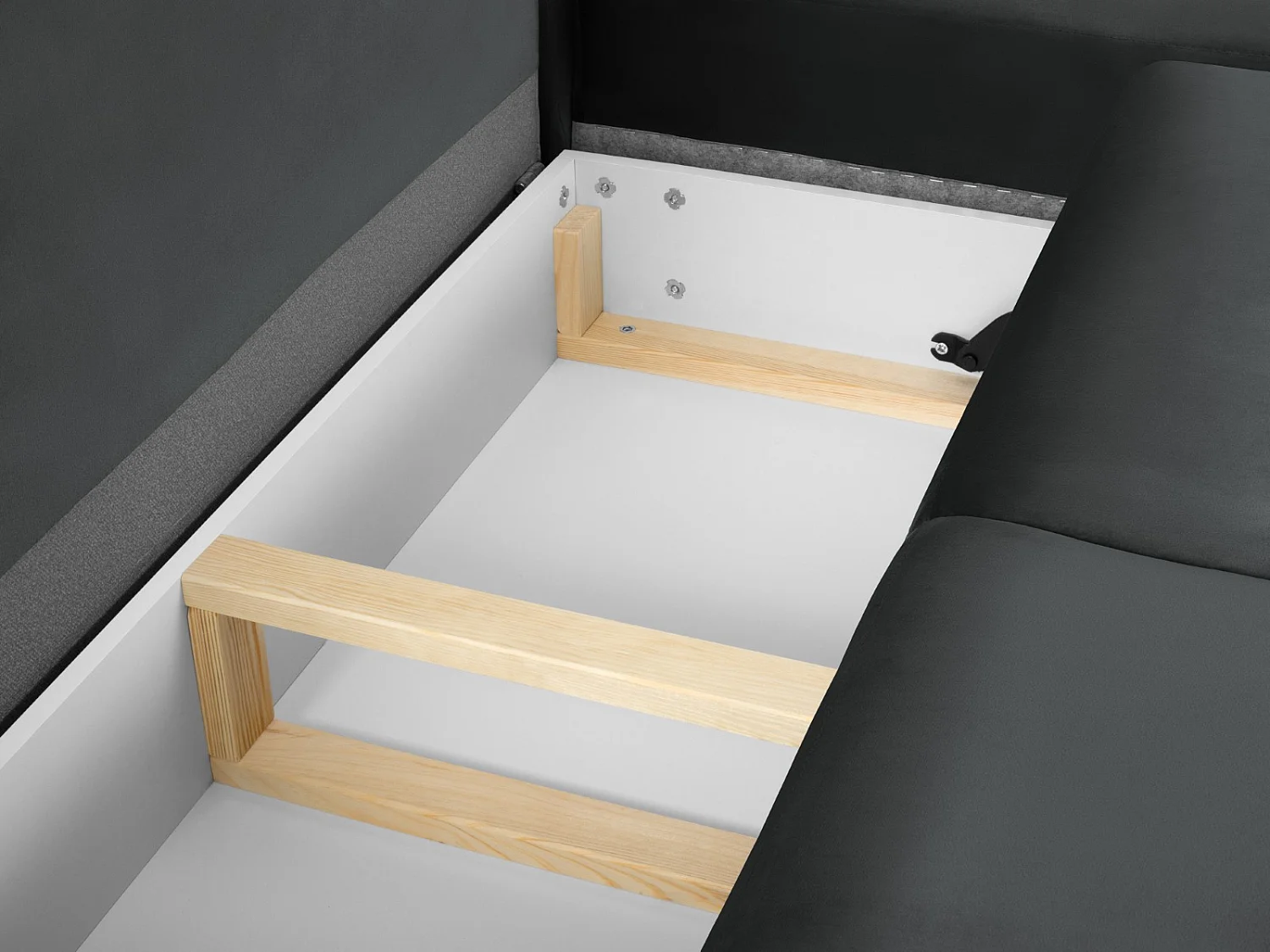 Cosmopolitan Design - 5-Sitzer ausklappbares Ecksofa rechts mit Container "Kyoto" aus Samt dunkelgrau - 243x194x88cm