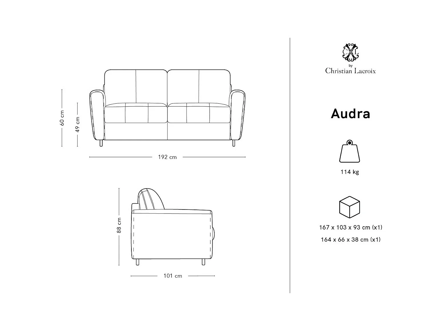 CXL by Christian Lacroix - Converteerbare bank "Audra" 3 zitplaatsen, Flueel, Zwart - 192x101x88cm